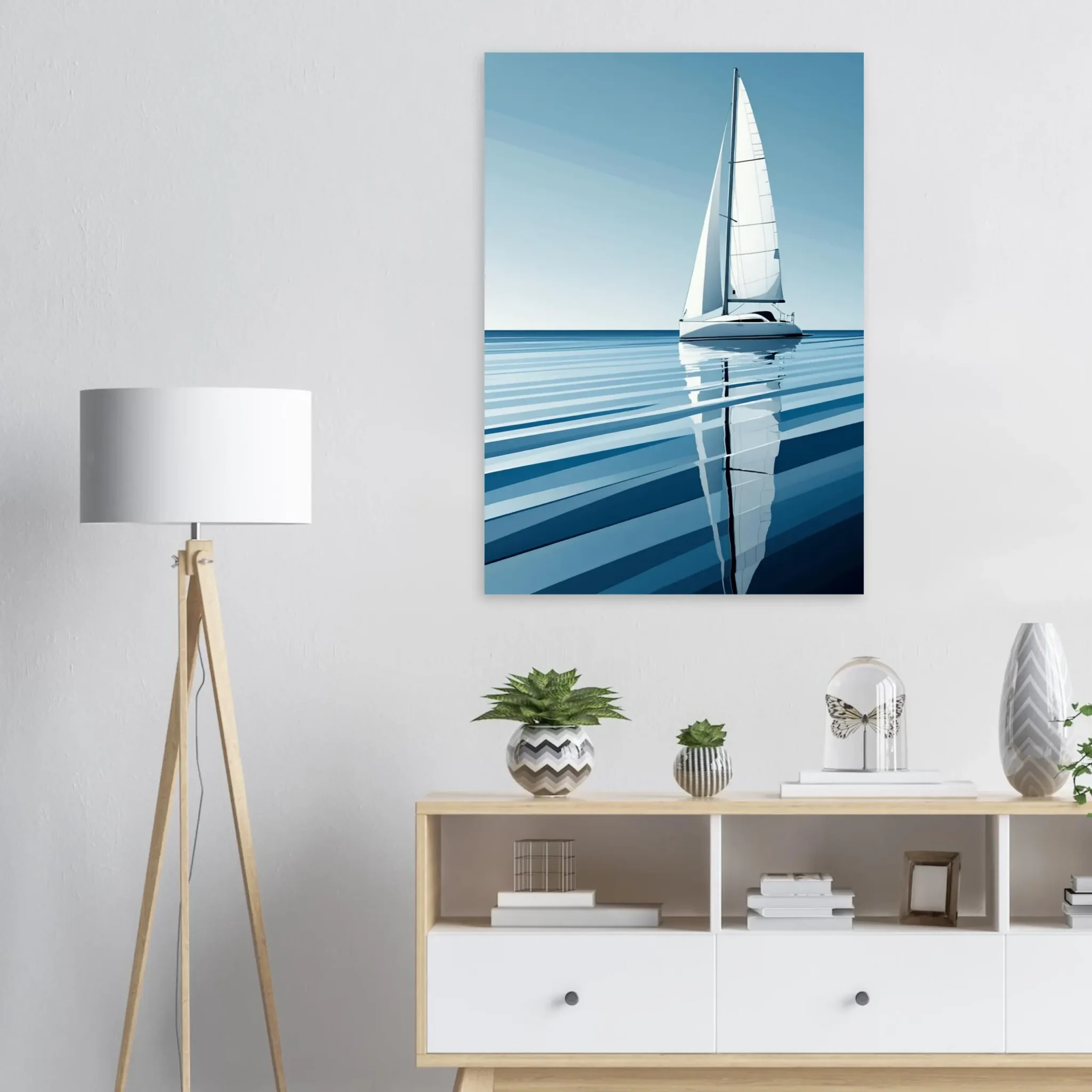 Minimalist sailboat seascape wall art featuring a solitary vessel, reflective water, and an open horizon. Fine art print from the ColorVanta EU Store.