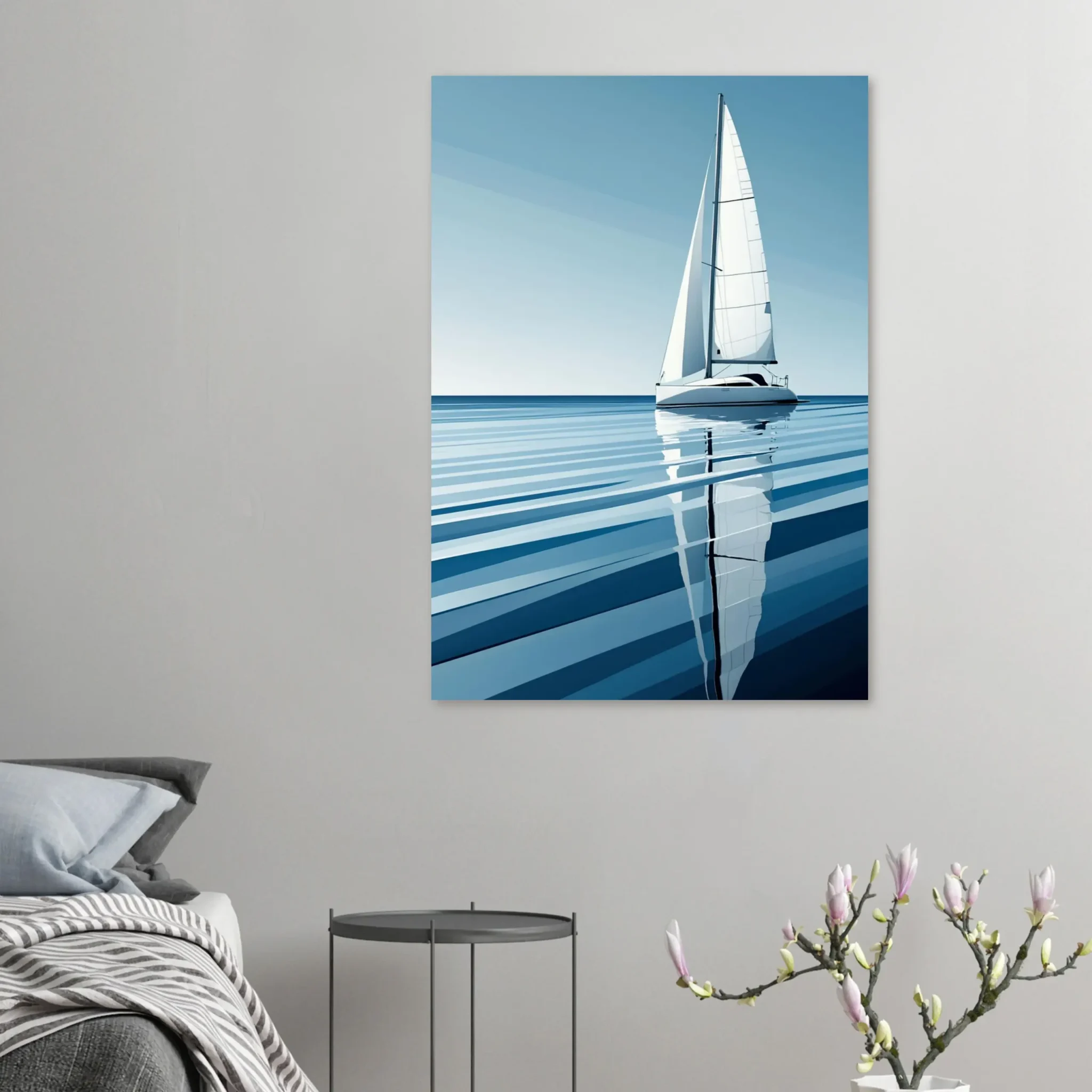 Minimalist sailboat seascape wall art featuring a solitary vessel, reflective water, and an open horizon. Fine art print from the ColorVanta EU Store.