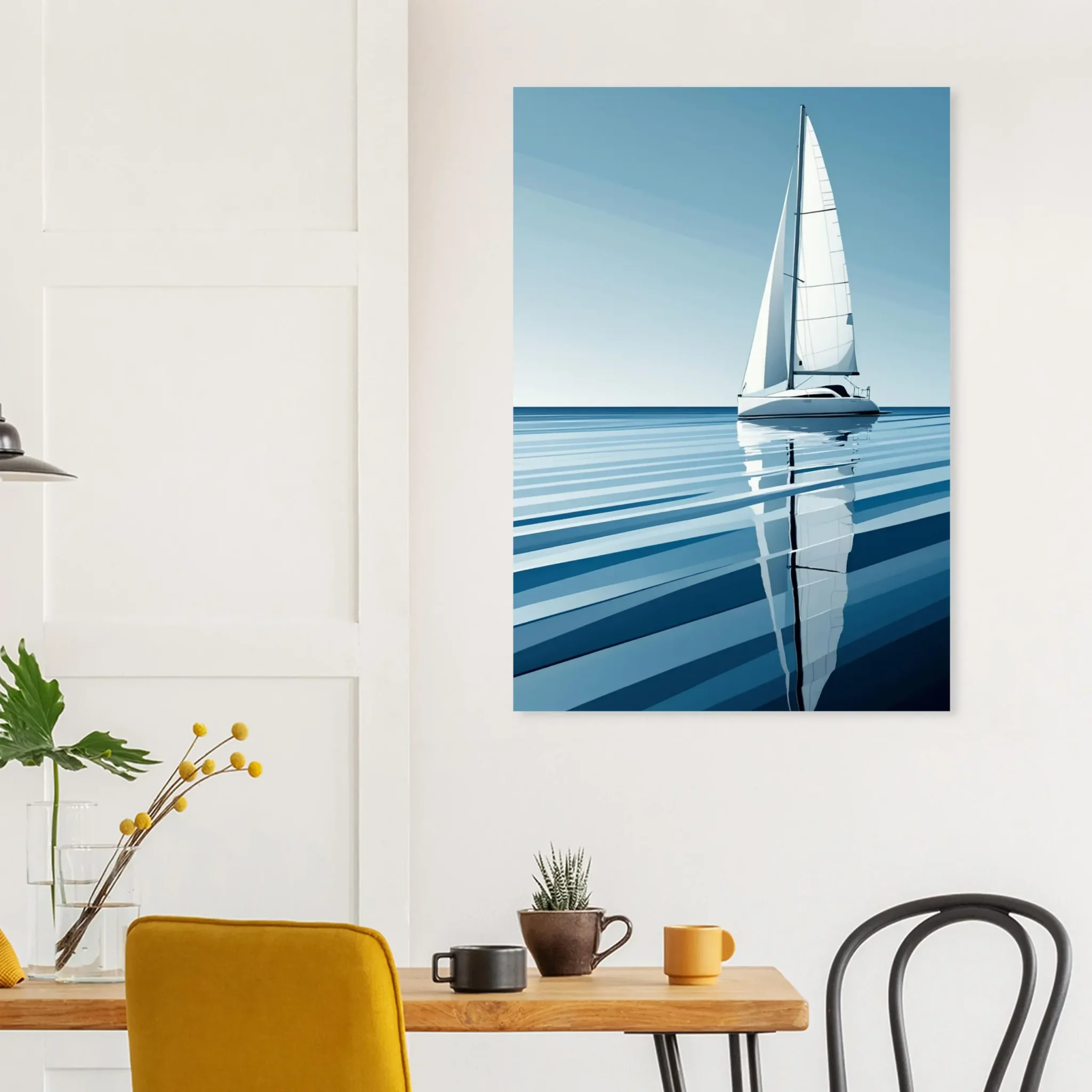 Minimalist sailboat seascape wall art featuring a solitary vessel, reflective water, and an open horizon. Fine art print from the ColorVanta EU Store.