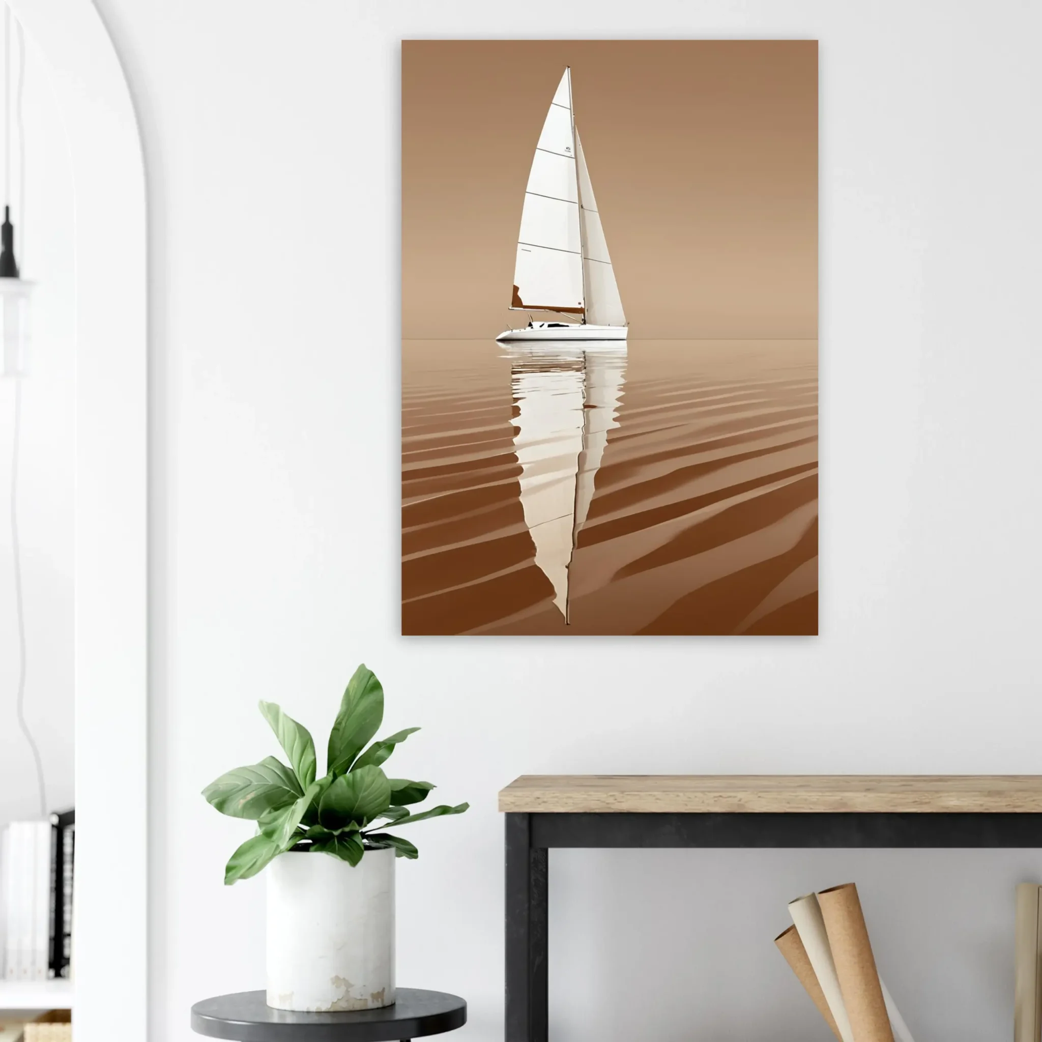 Minimalist sailboat seascape wall art featuring a solitary vessel, reflective water, and an open horizon. Fine art print from the ColorVanta EU Store.