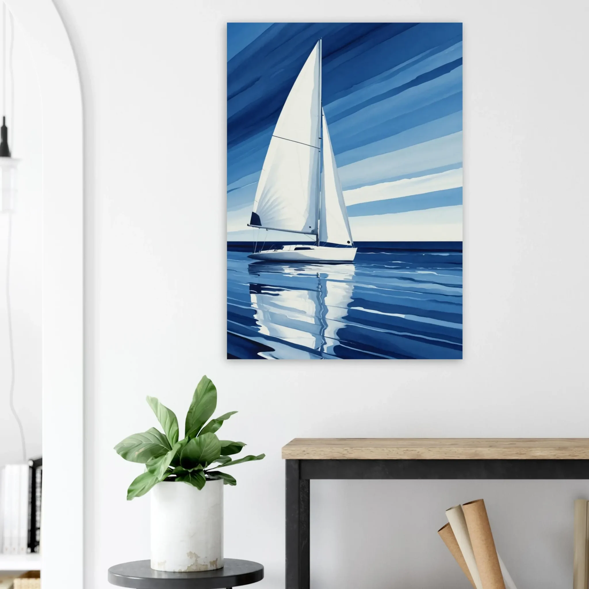 Minimalist sailboat seascape wall art featuring a solitary vessel, reflective water, and an open horizon. Fine art print from the ColorVanta EU Store.