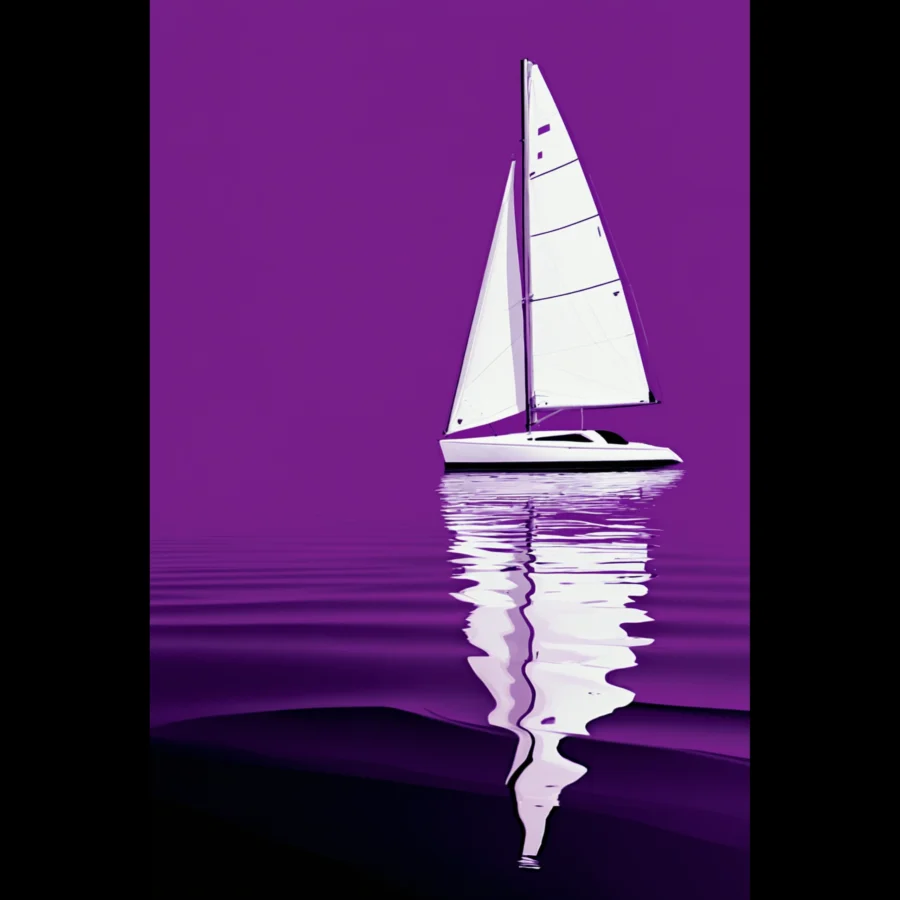 Minimalist sailboat seascape wall art featuring a solitary vessel, reflective water, and an open horizon. Fine art print from the ColorVanta EU Store.