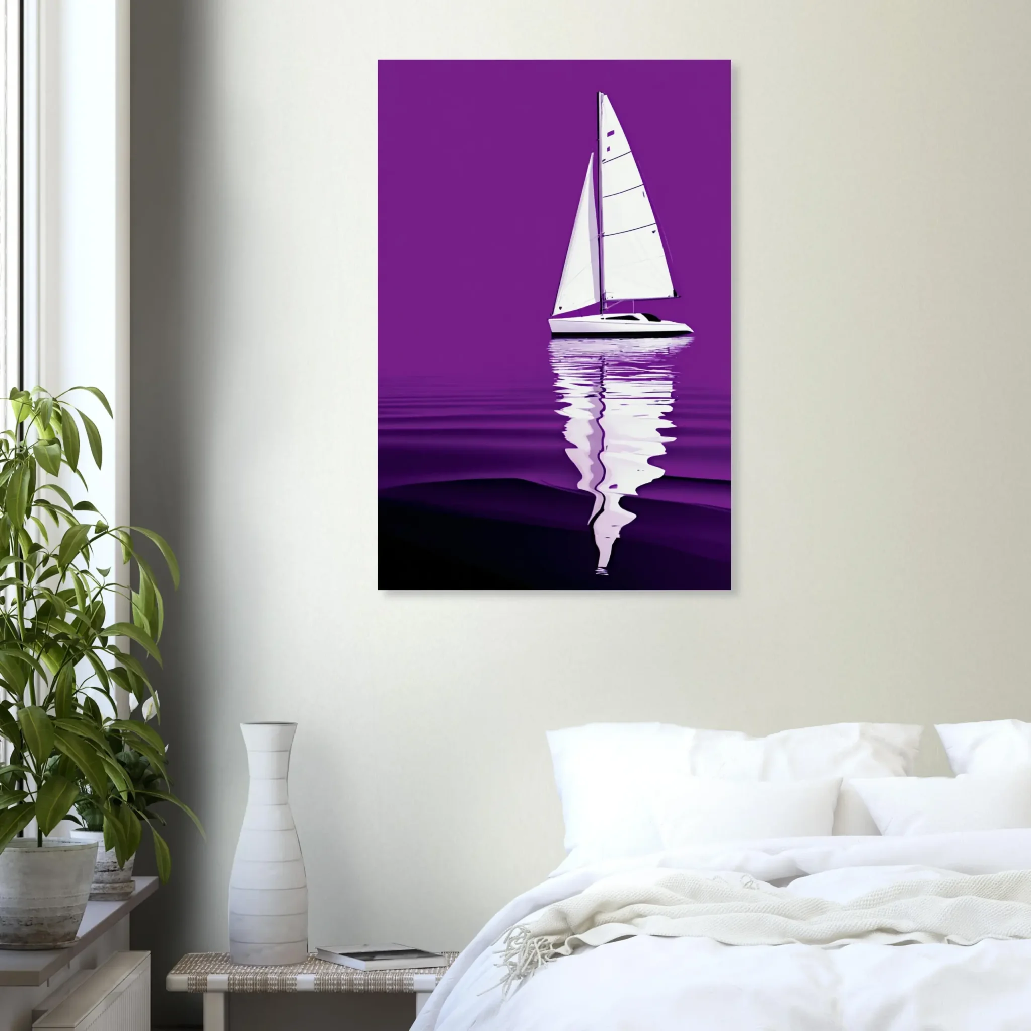 Minimalist sailboat seascape wall art featuring a solitary vessel, reflective water, and an open horizon. Fine art print from the ColorVanta EU Store.