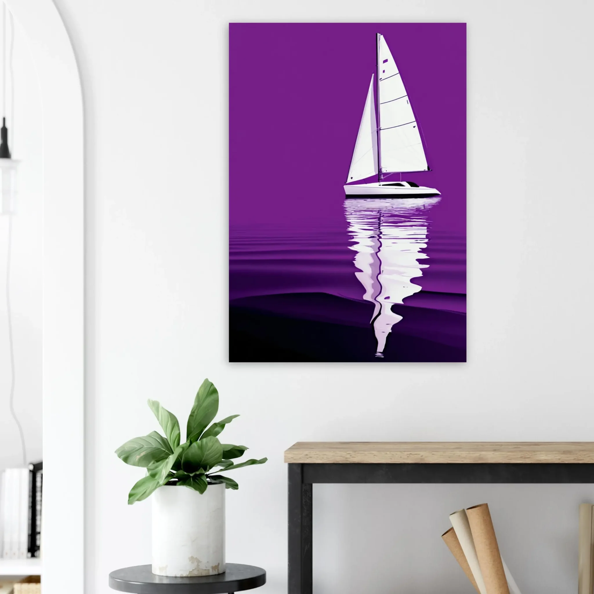Minimalist sailboat seascape wall art featuring a solitary vessel, reflective water, and an open horizon. Fine art print from the ColorVanta EU Store.
