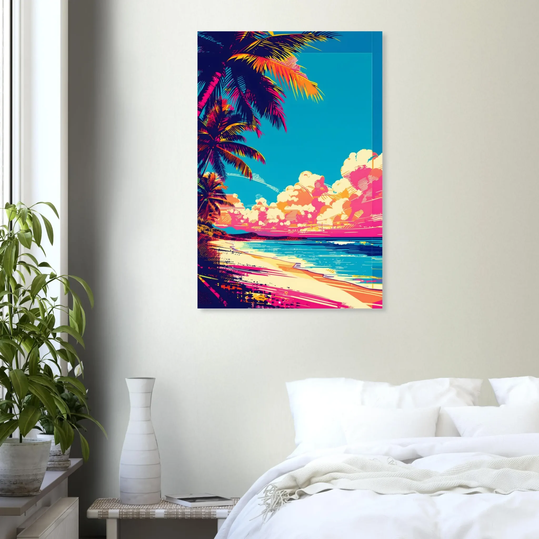 Tropical Beach Seascape wall art inspired by palm trees, coastal landscapes and open horizons. Printed and shipped within North America.