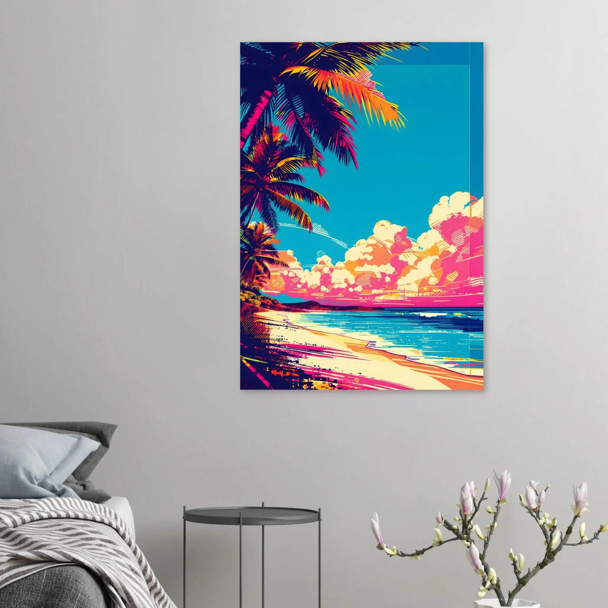Tropical Beach Seascape wall art inspired by palm trees, coastal landscapes and open horizons. Printed and shipped within North America.