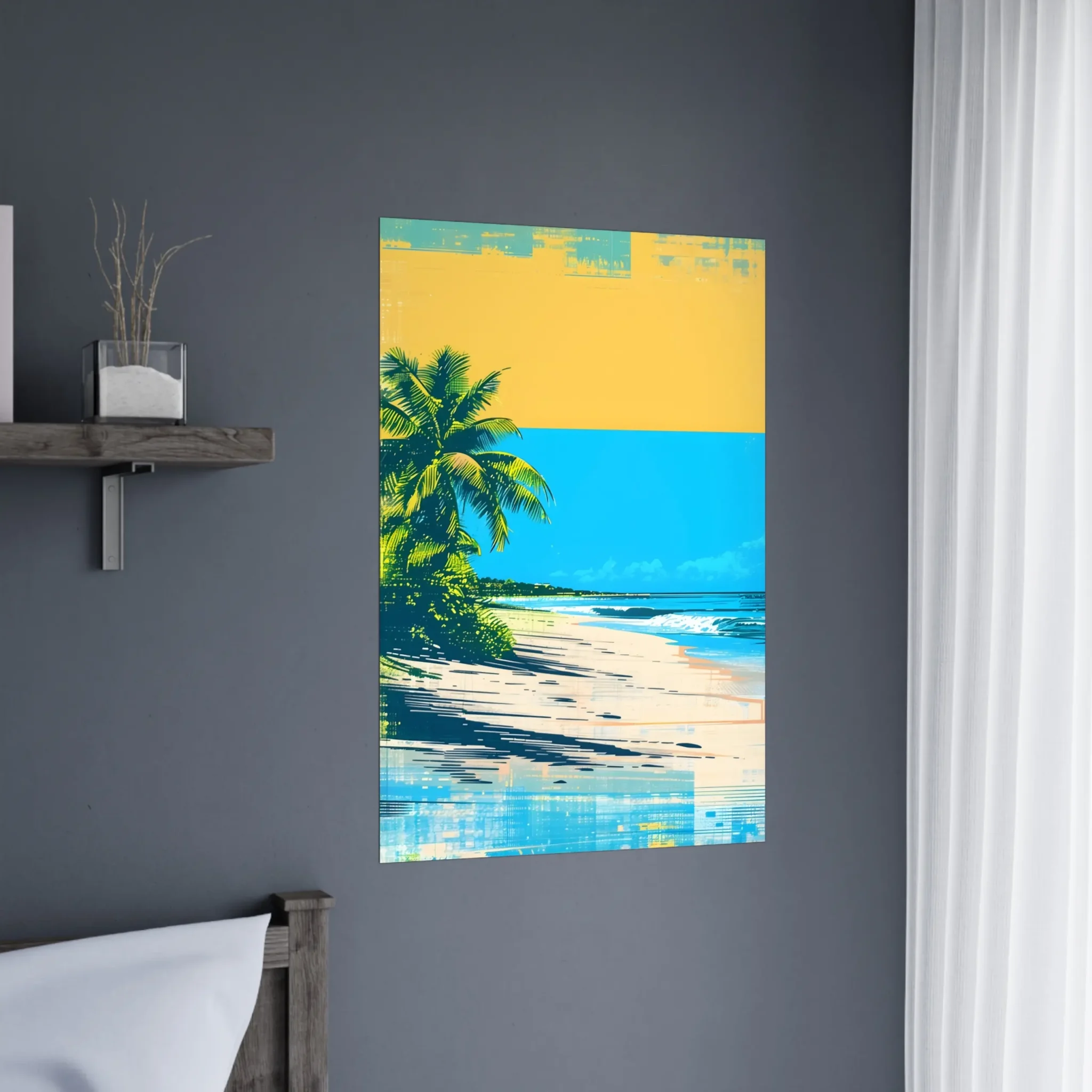 Tropical Beach Seascape wall art inspired by palm trees, coastal landscapes and open horizons. Printed and shipped within North America.