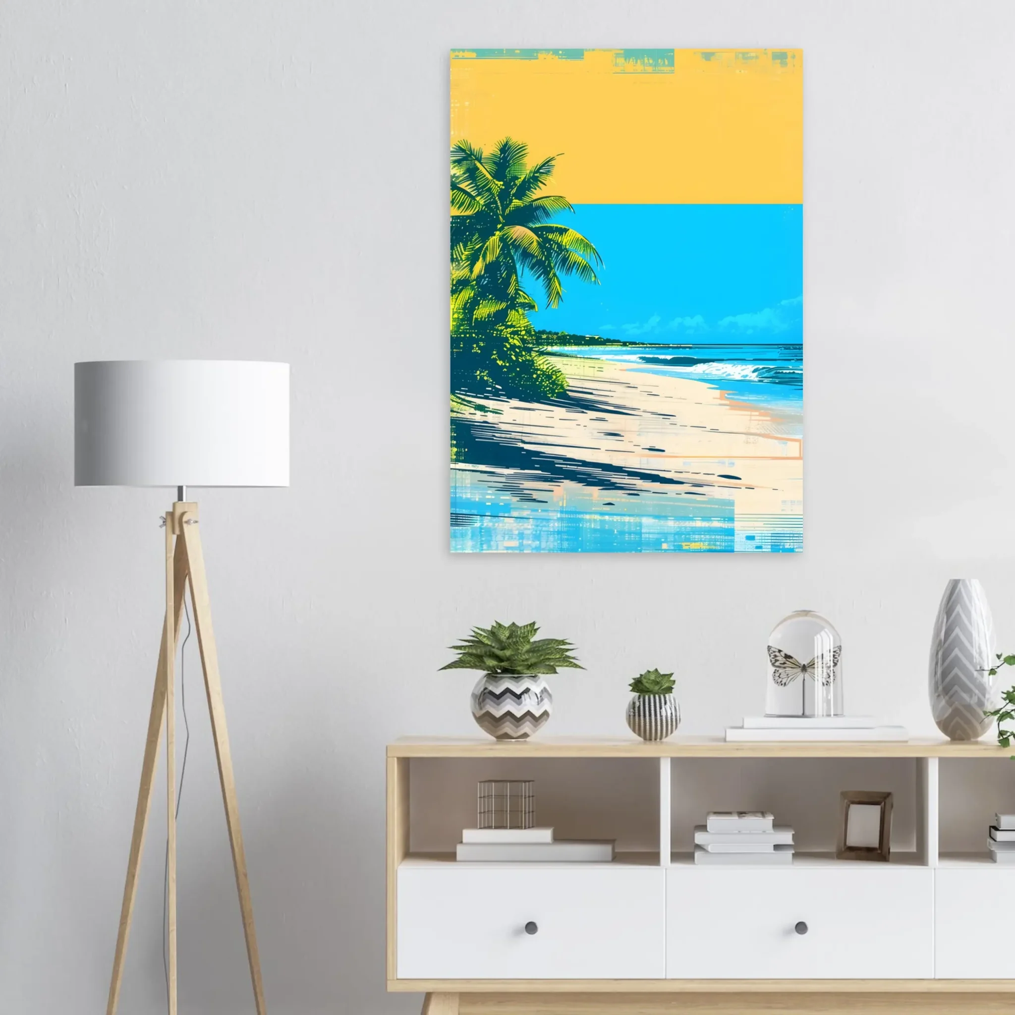 Tropical Beach Seascape wall art inspired by palm trees, coastal landscapes and open horizons. Printed and shipped within North America.
