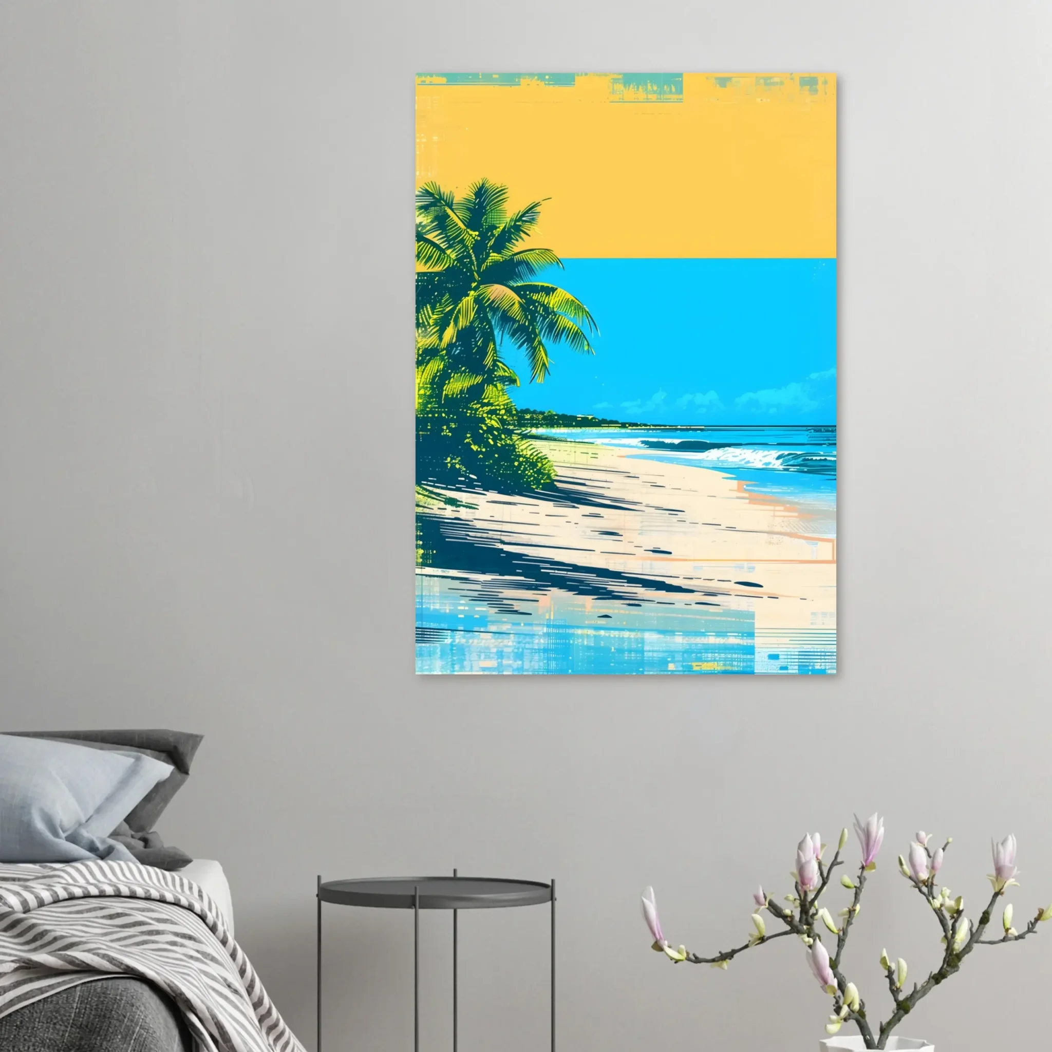 Tropical Beach Seascape wall art inspired by palm trees, coastal landscapes and open horizons. Printed and shipped within North America.