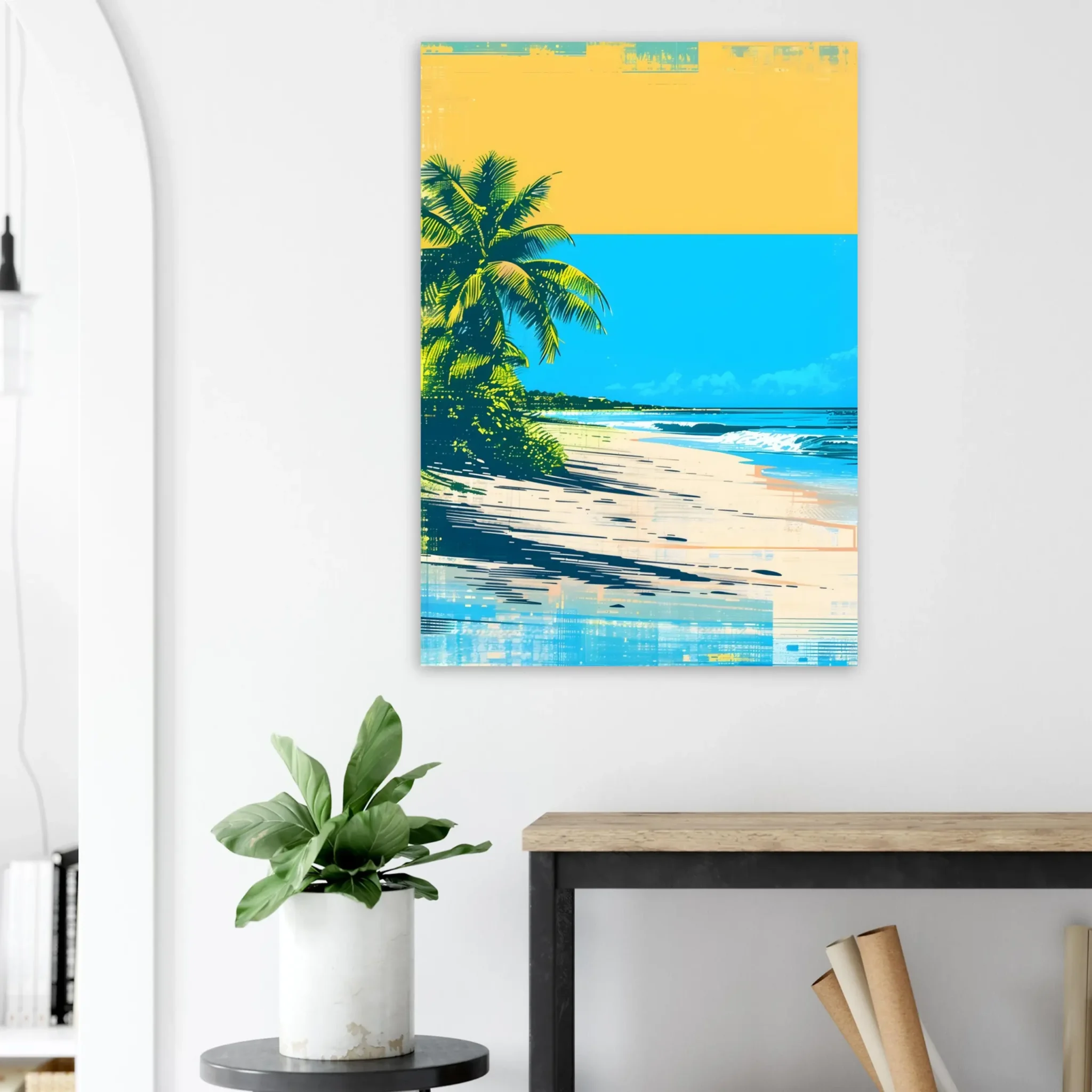 Tropical Beach Seascape wall art inspired by palm trees, coastal landscapes and open horizons. Printed and shipped within North America.