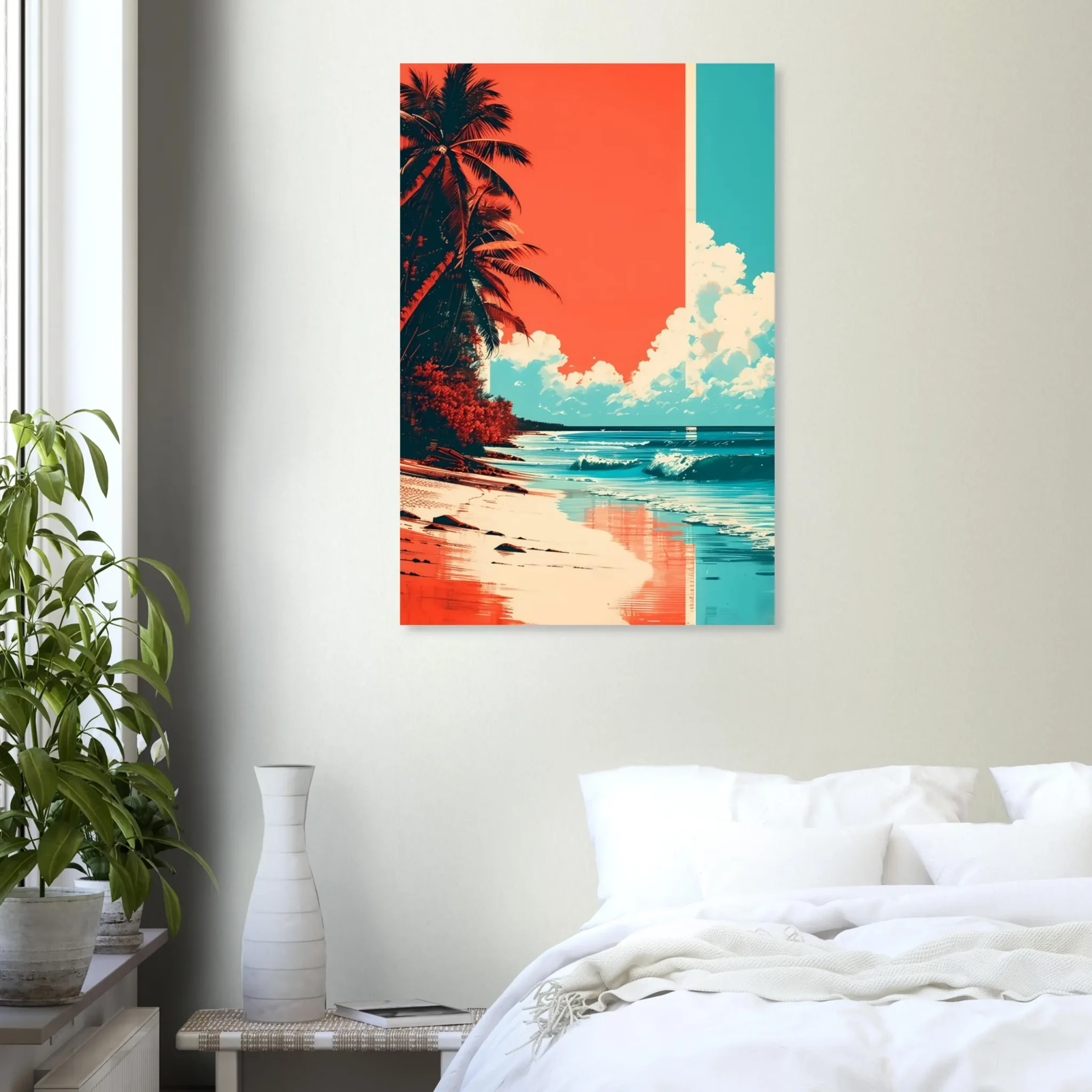Tropical Beach Seascape wall art inspired by palm trees, coastal landscapes and open horizons. Printed and shipped within North America.
