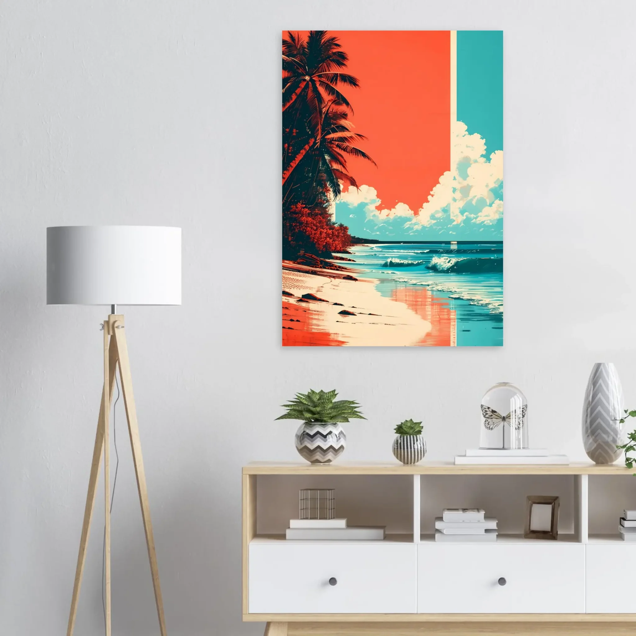 Tropical Beach Seascape wall art inspired by palm trees, coastal landscapes and open horizons. Printed and shipped within North America.