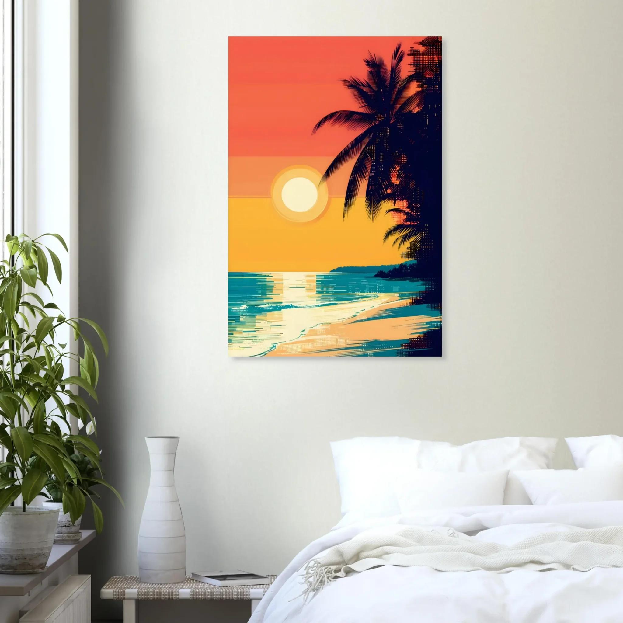 Tropical Beach Seascape wall art inspired by palm trees, coastal landscapes and open horizons. Printed and shipped within North America.