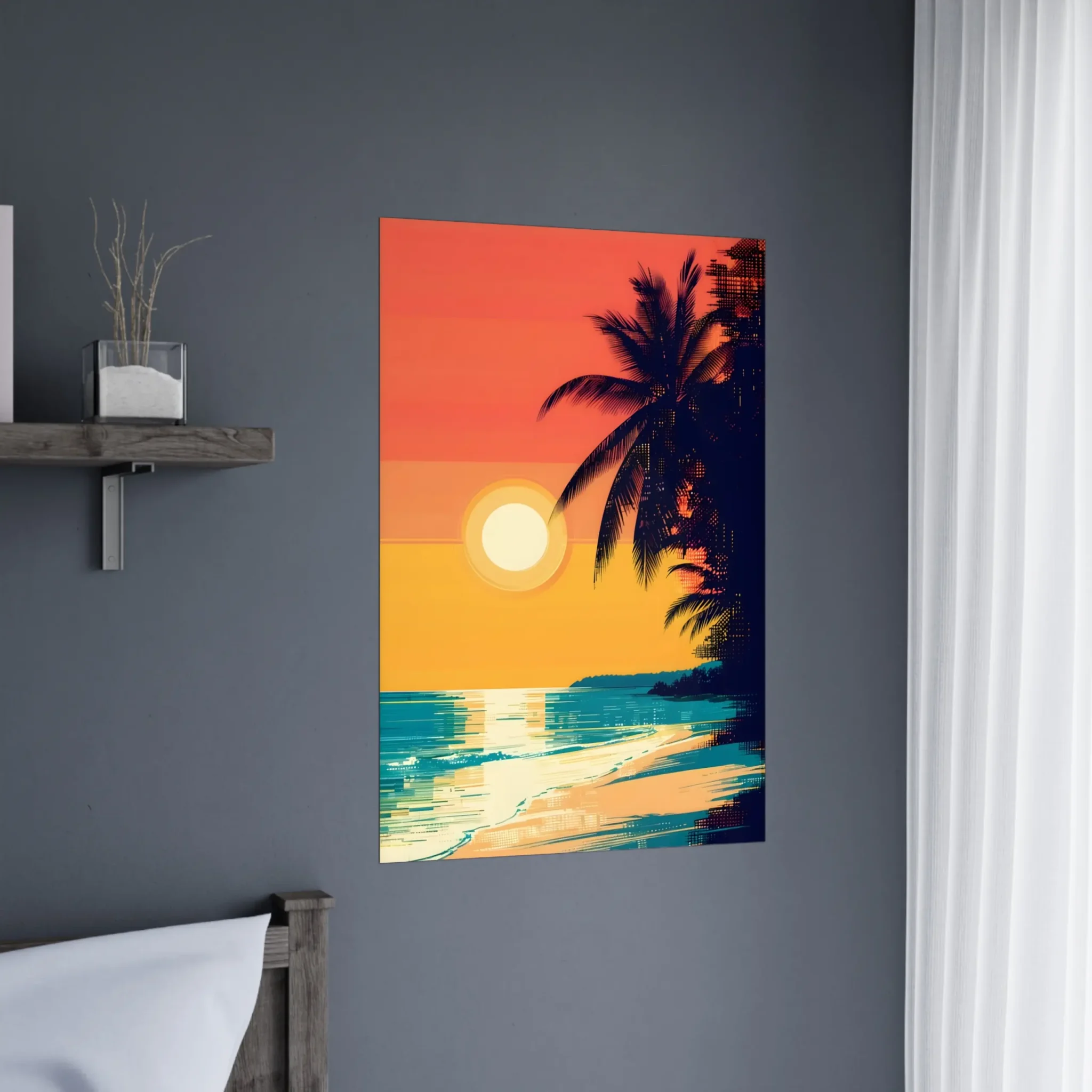 Tropical Beach Seascape wall art inspired by palm trees, coastal landscapes and open horizons. Printed and shipped within North America.