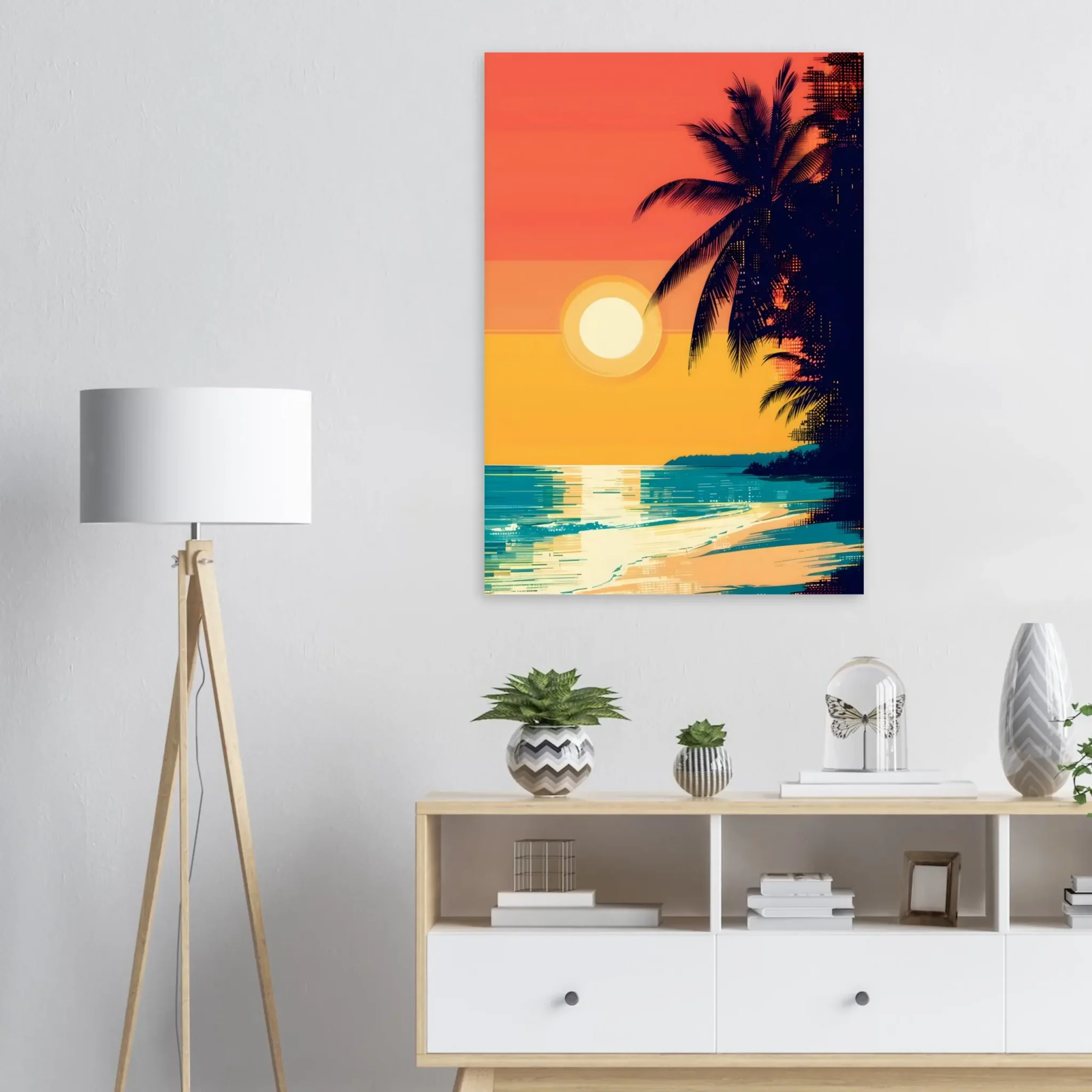 Tropical Beach Seascape wall art inspired by palm trees, coastal landscapes and open horizons. Printed and shipped within North America.