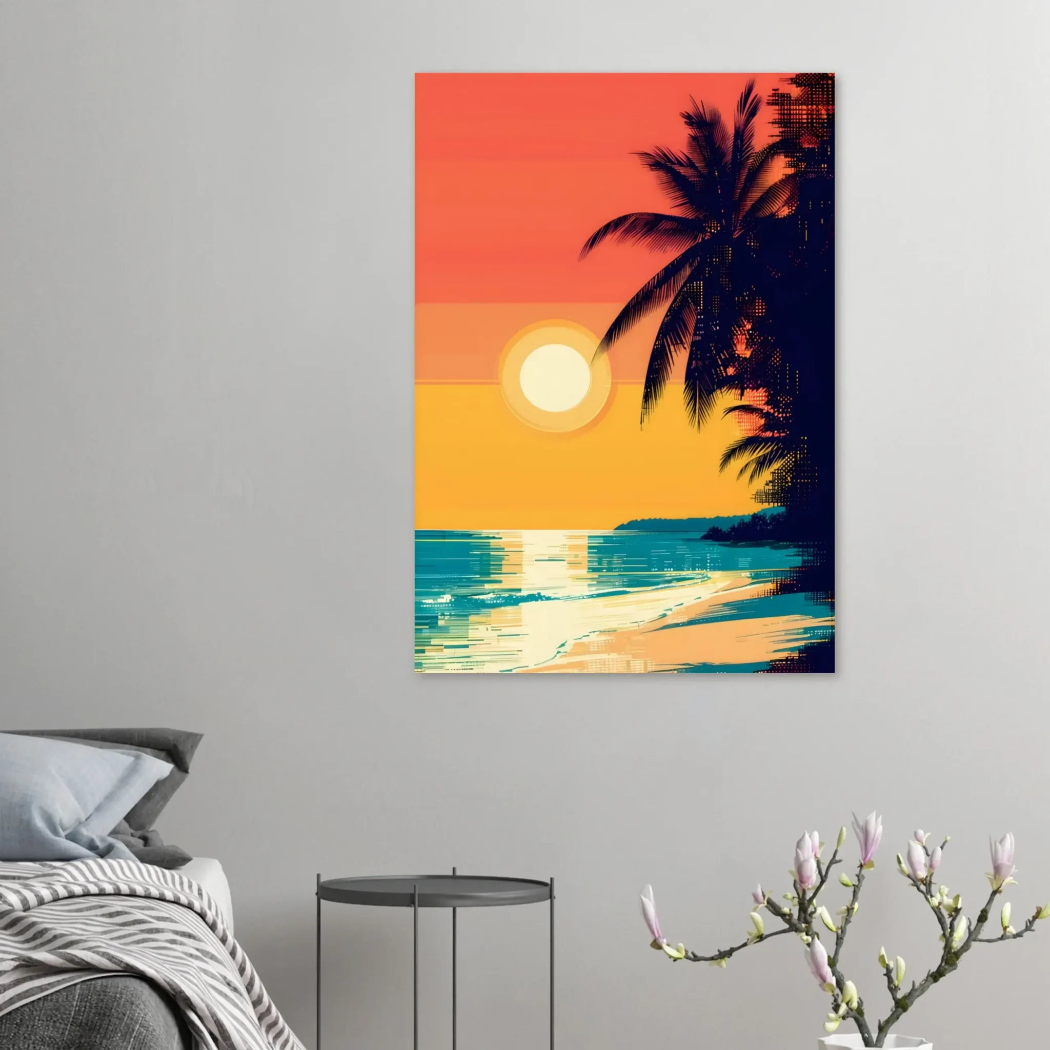 Tropical Beach Seascape wall art inspired by palm trees, coastal landscapes and open horizons. Printed and shipped within North America.