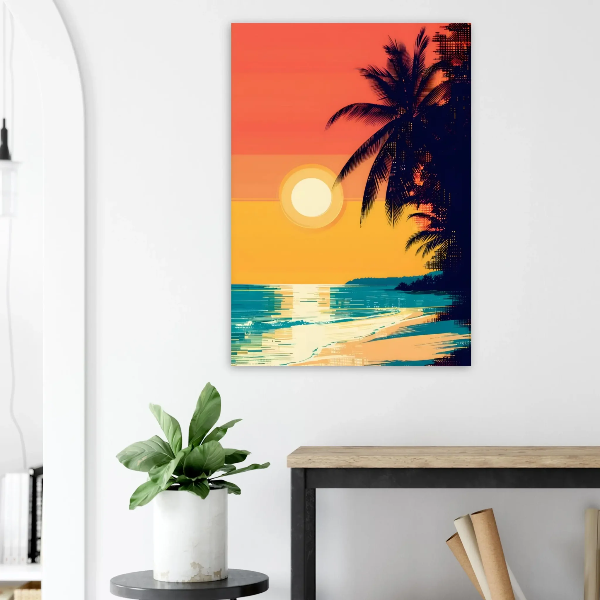 Tropical Beach Seascape wall art inspired by palm trees, coastal landscapes and open horizons. Printed and shipped within North America.
