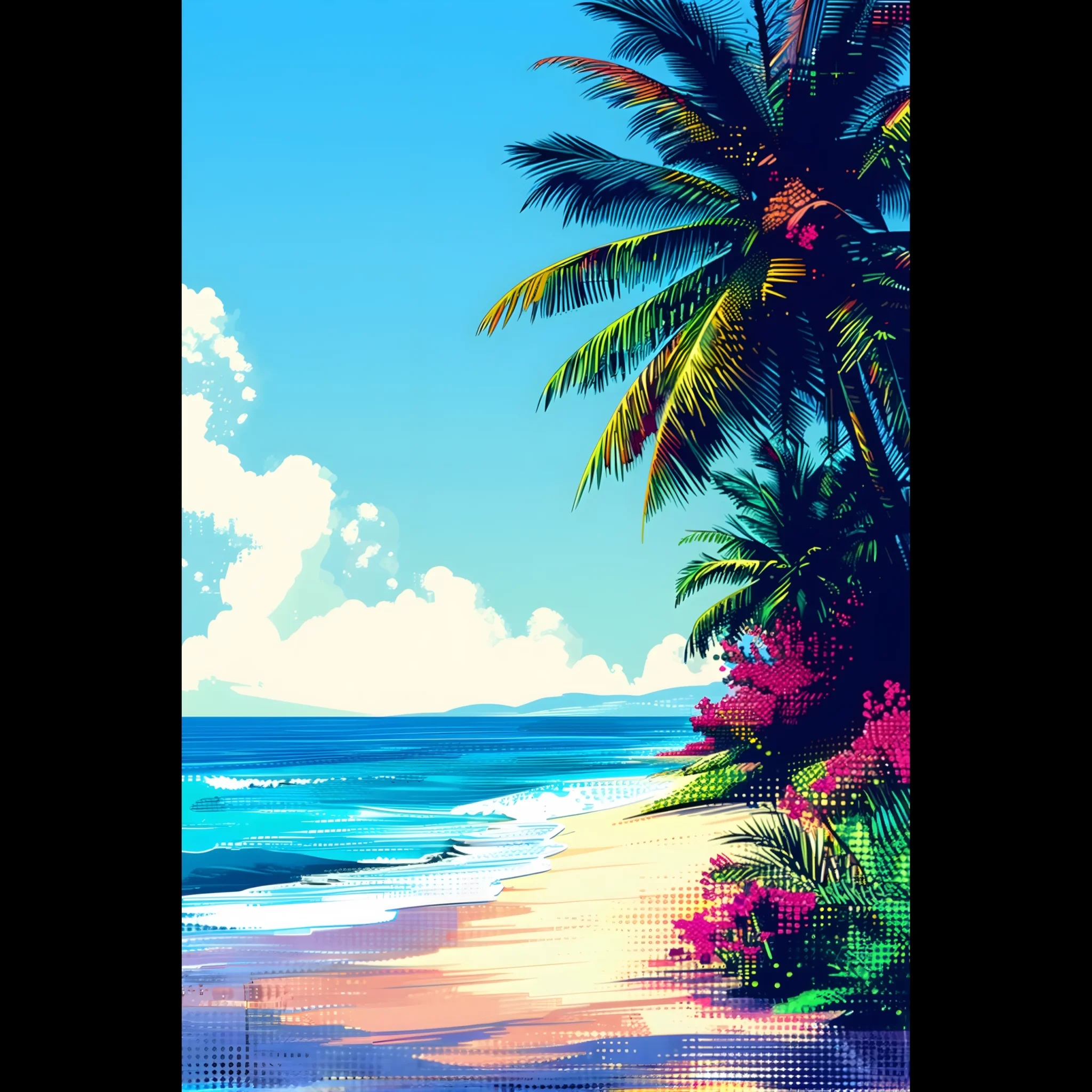 Tropical Beach Seascape wall art inspired by palm trees, coastal landscapes and open horizons. Printed and shipped within North America.