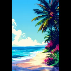 Tropical Beach Seascape wall art inspired by palm trees, coastal landscapes and open horizons. Printed and shipped within North America.