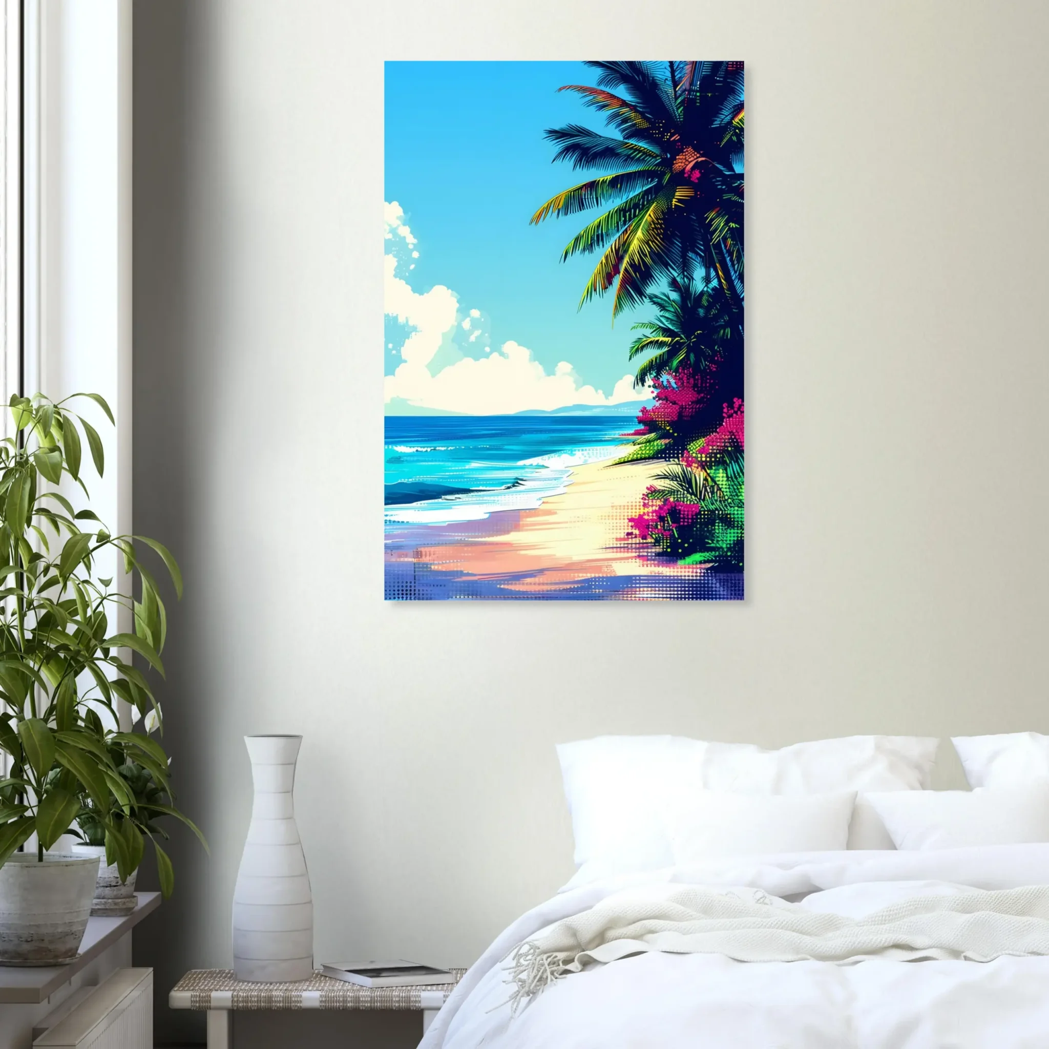 Tropical Beach Seascape wall art inspired by palm trees, coastal landscapes and open horizons. Printed and shipped within North America.