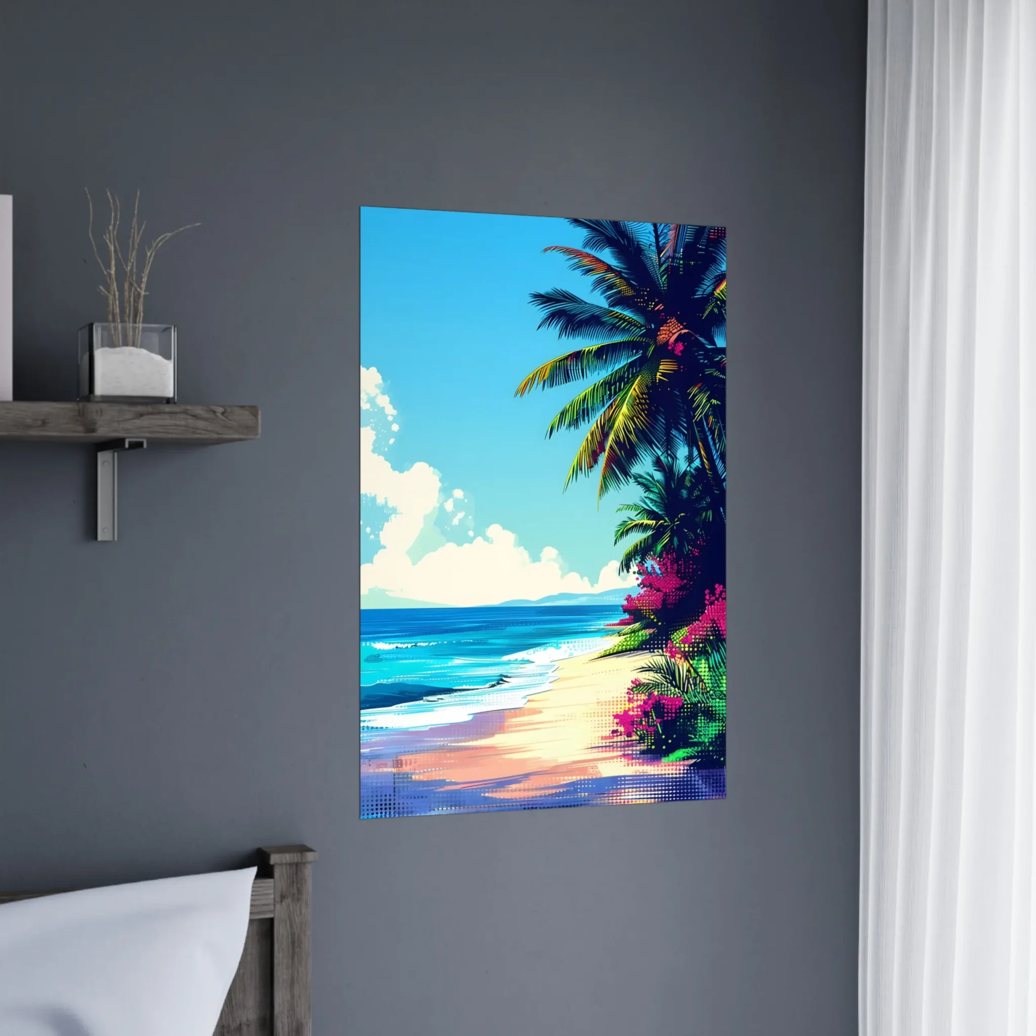 Tropical Beach Seascape wall art inspired by palm trees, coastal landscapes and open horizons. Printed and shipped within North America.