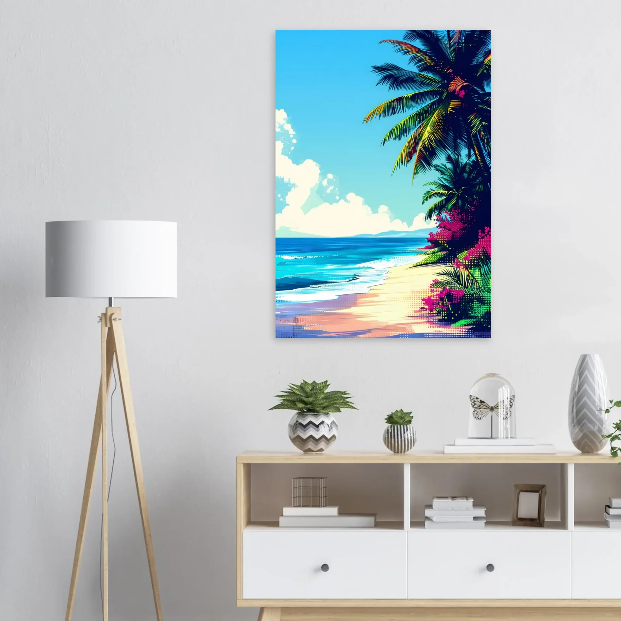 Tropical Beach Seascape wall art inspired by palm trees, coastal landscapes and open horizons. Printed and shipped within North America.