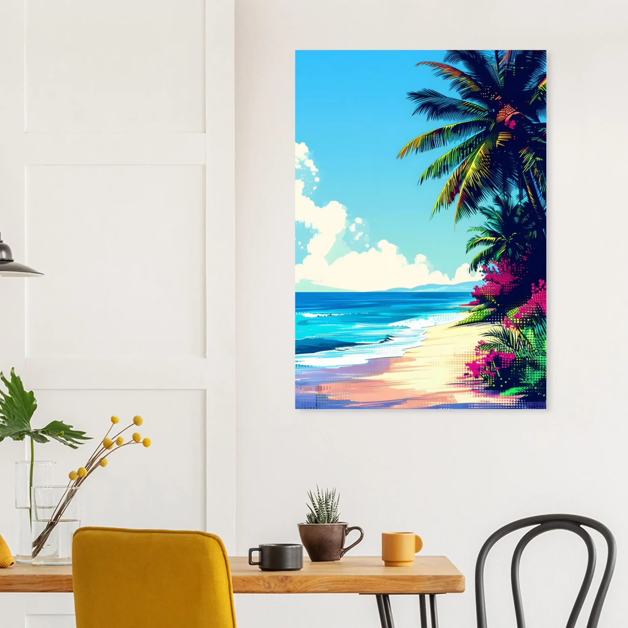 Tropical Beach Seascape wall art inspired by palm trees, coastal landscapes and open horizons. Printed and shipped within North America.