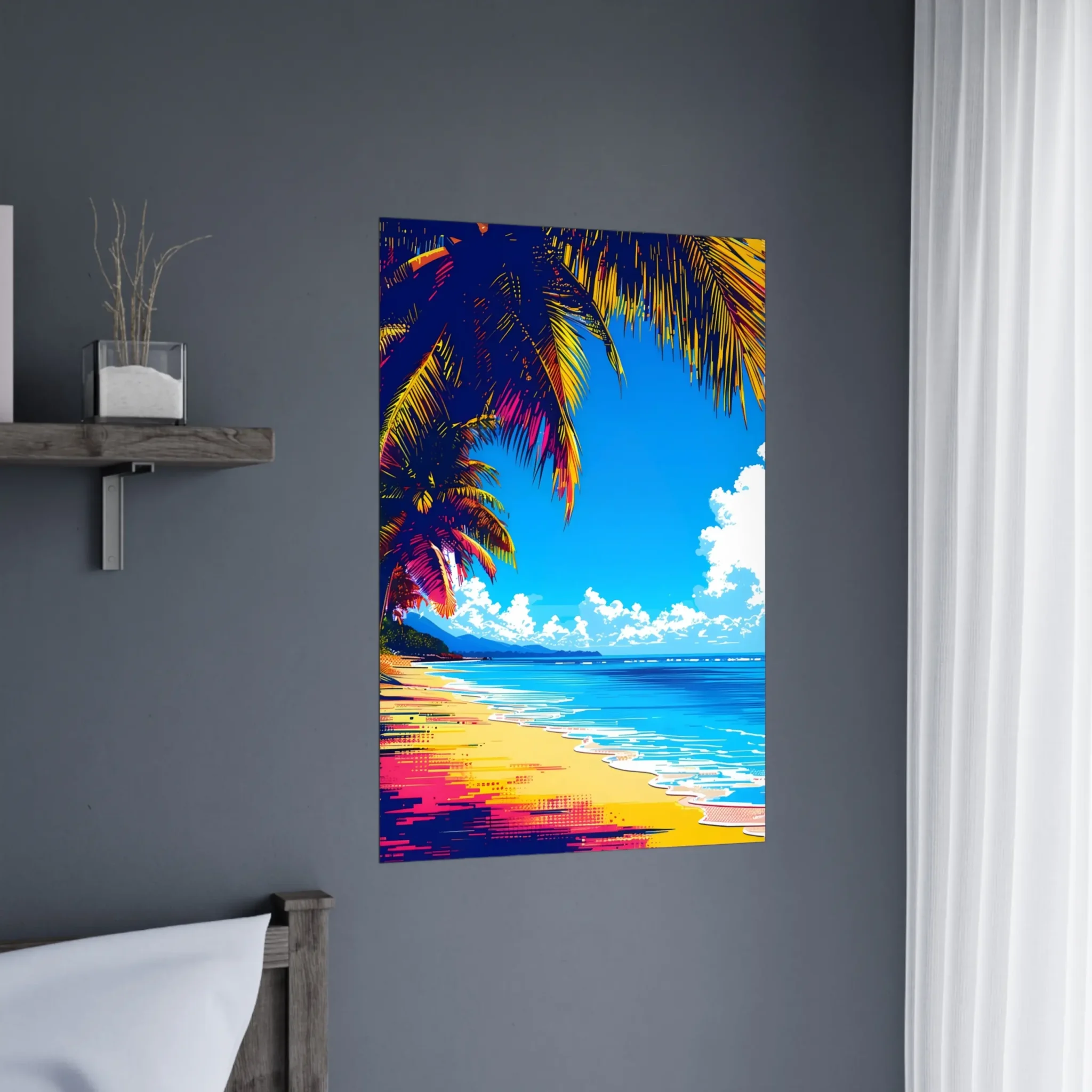 Tropical Beach Seascape wall art inspired by palm trees, coastal landscapes and open horizons. Printed and shipped within North America.