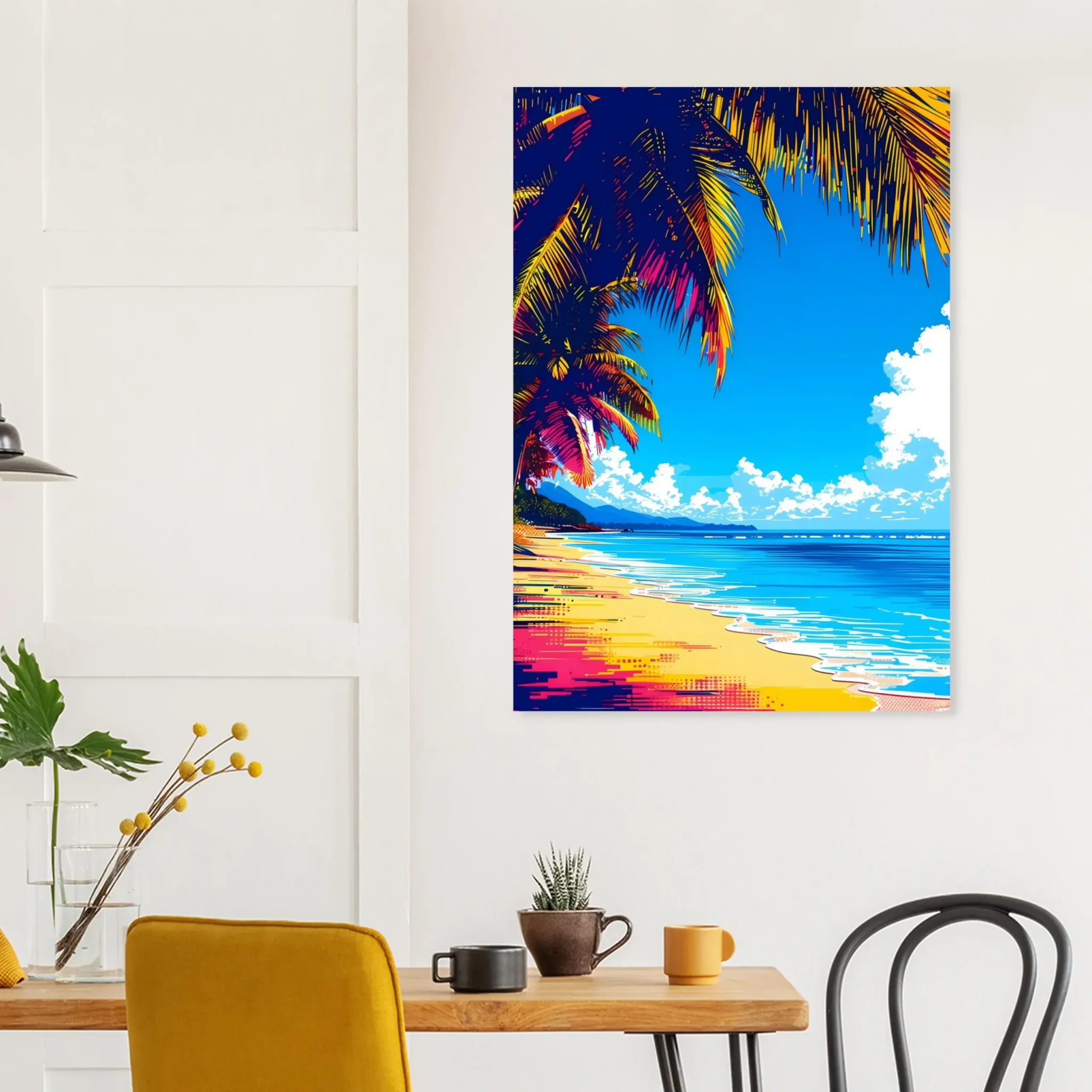 Tropical Beach Seascape wall art inspired by palm trees, coastal landscapes and open horizons. Printed and shipped within North America.