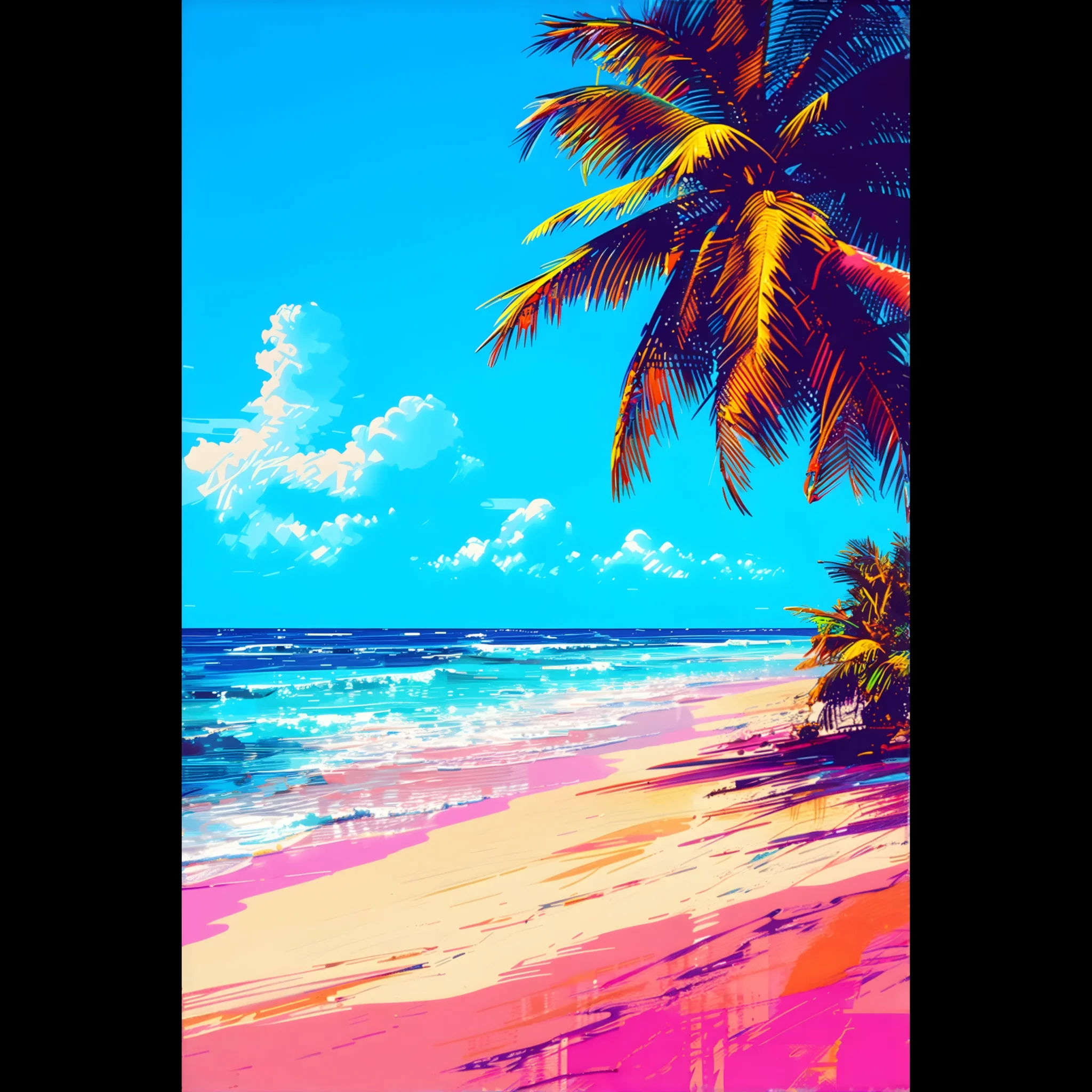 Tropical Beach Seascape wall art inspired by palm trees, coastal landscapes and open horizons. Printed and shipped within North America.