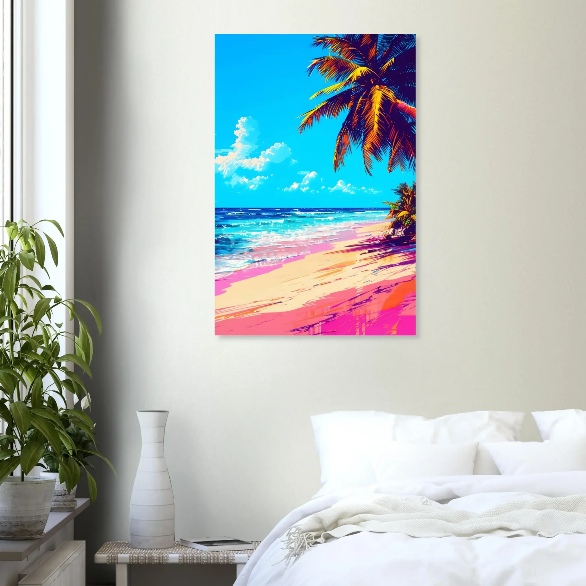 Tropical Beach Seascape wall art inspired by palm trees, coastal landscapes and open horizons. Printed and shipped within North America.