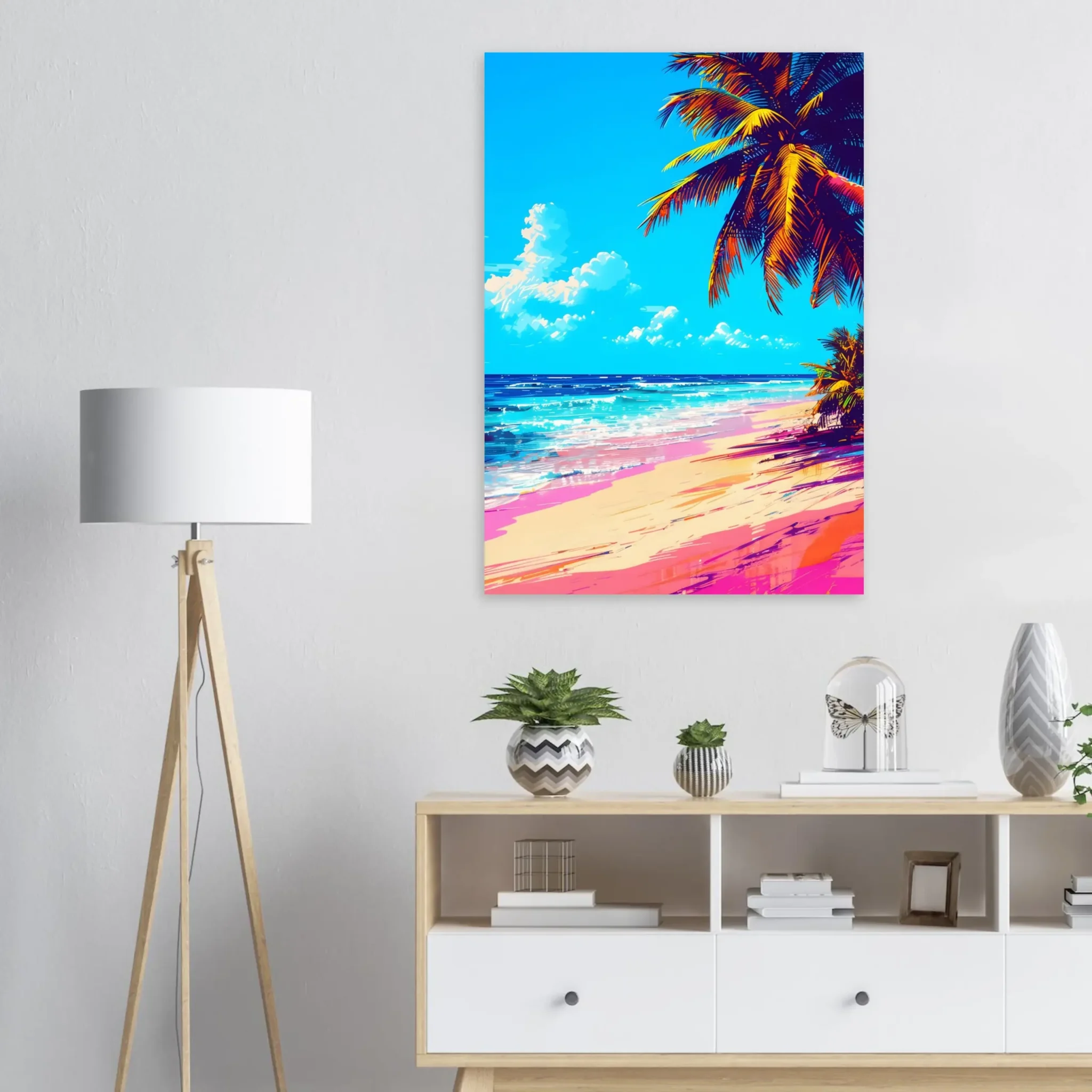 Tropical Beach Seascape wall art inspired by palm trees, coastal landscapes and open horizons. Printed and shipped within North America.