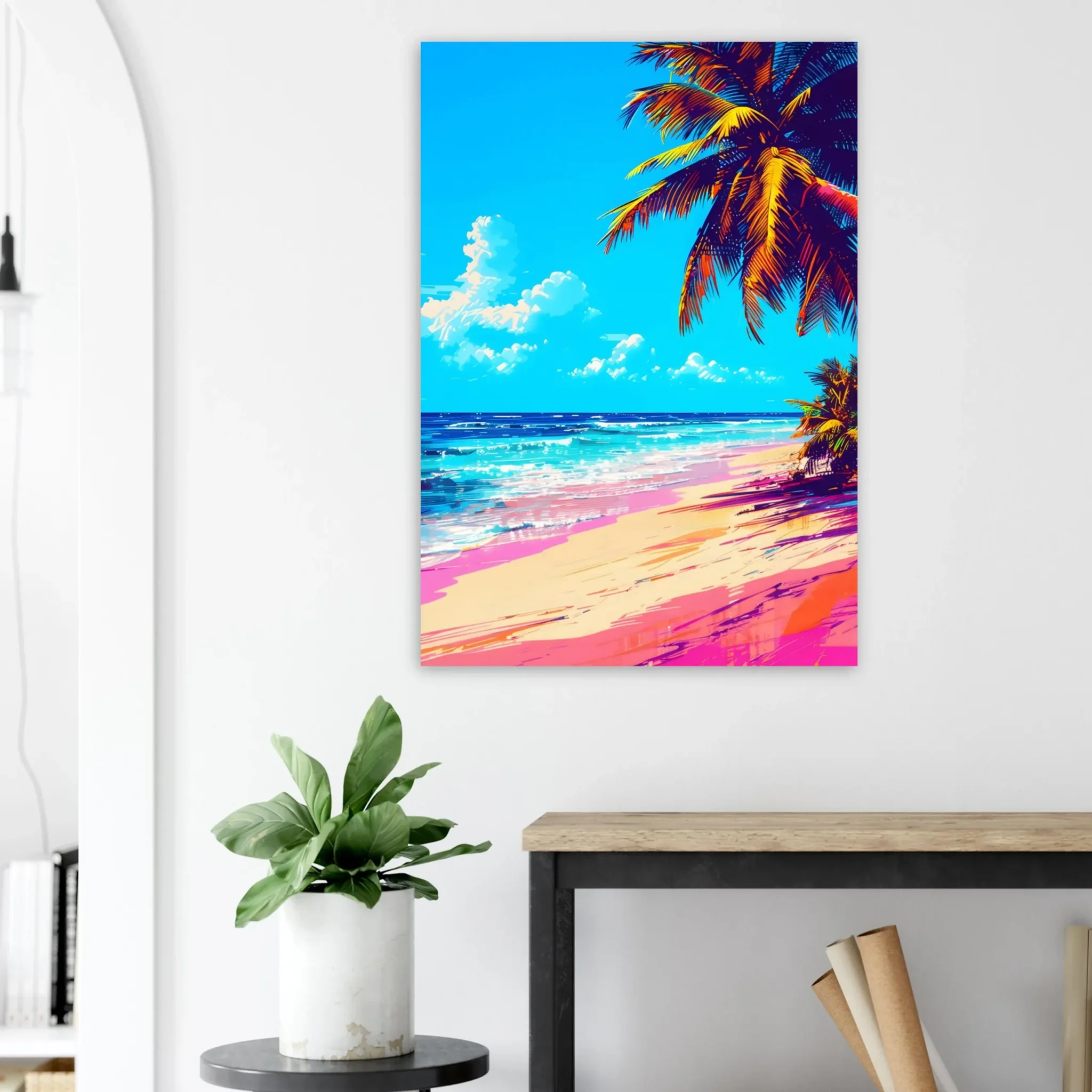 Tropical Beach Seascape wall art inspired by palm trees, coastal landscapes and open horizons. Printed and shipped within North America.