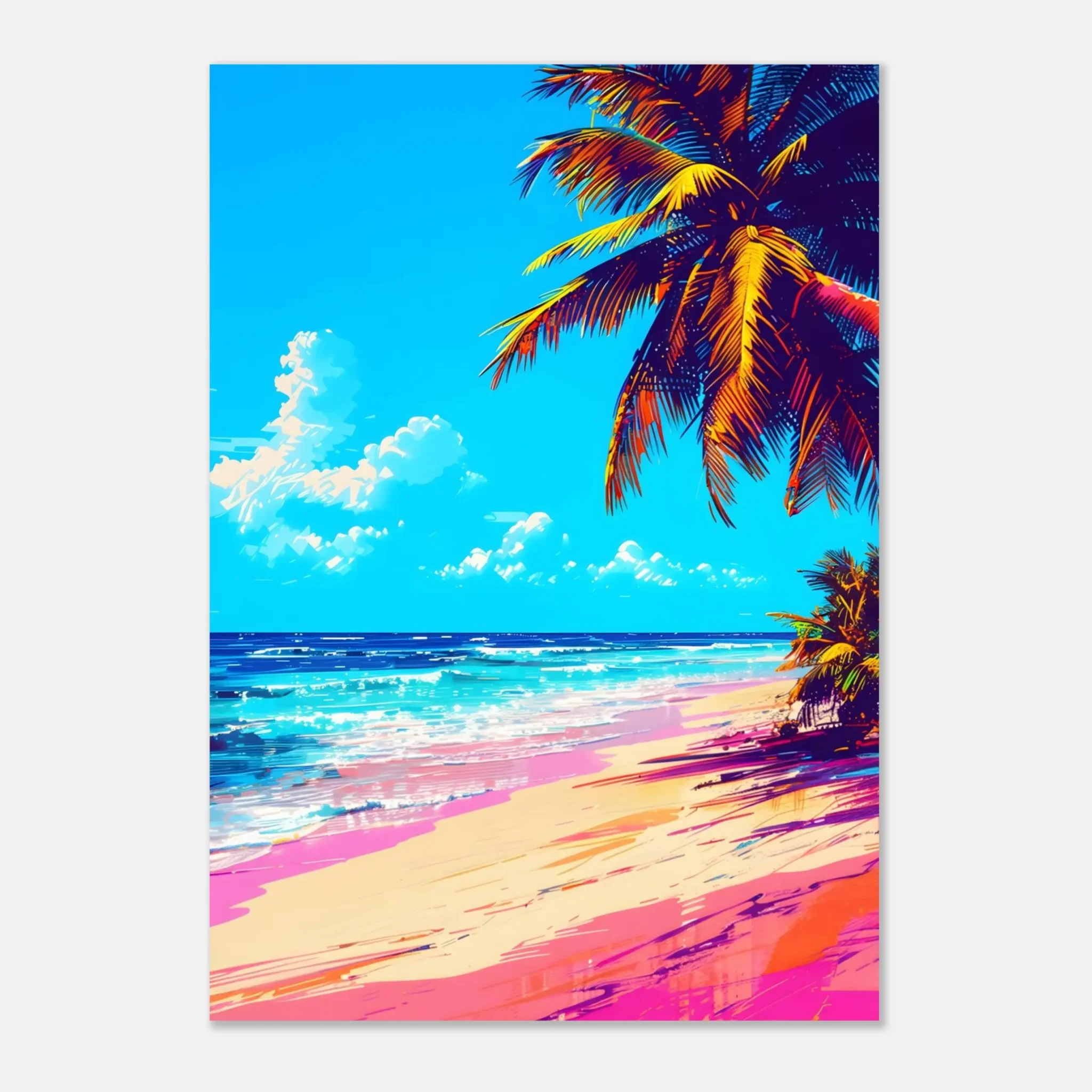 Tropical Beach Seascape wall art inspired by palm trees, coastal landscapes and open horizons. Printed and shipped within North America.