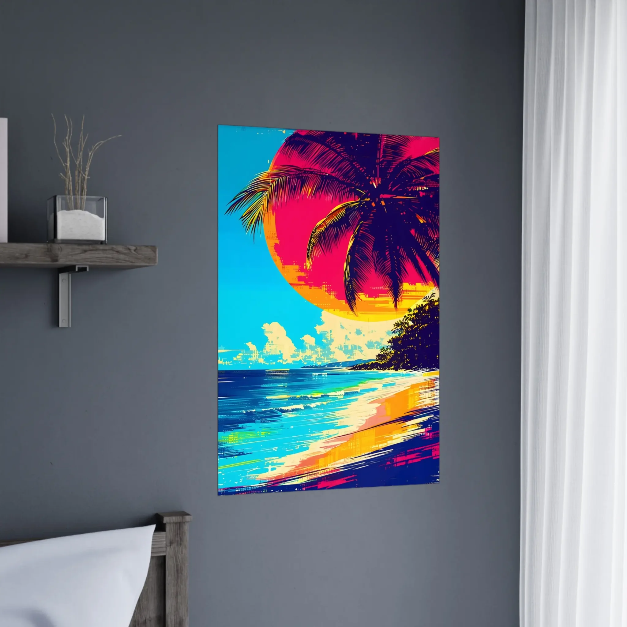 Tropical Beach Seascape wall art inspired by palm trees, coastal landscapes and open horizons. Printed and shipped within North America.