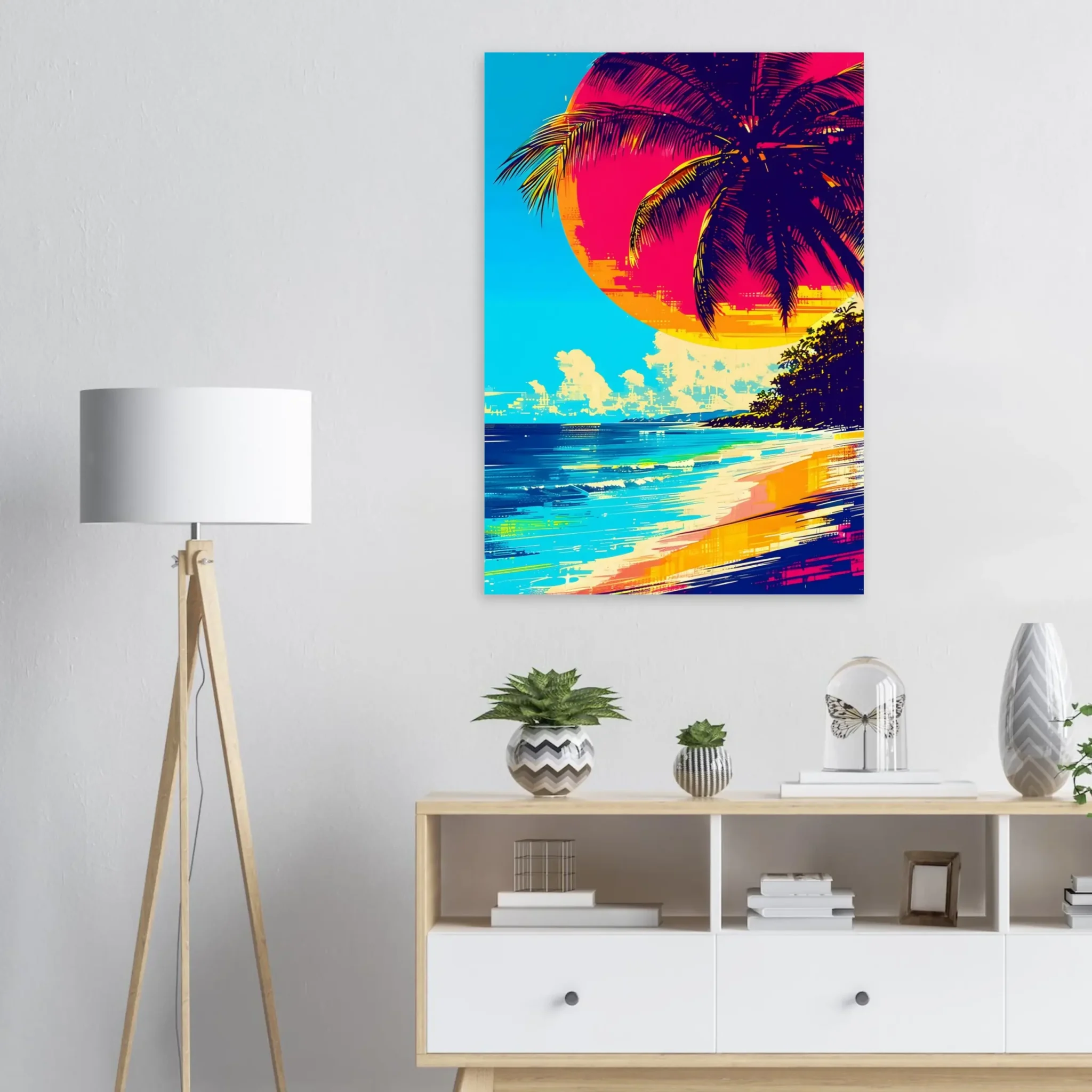 Tropical Beach Seascape wall art inspired by palm trees, coastal landscapes and open horizons. Printed and shipped within North America.