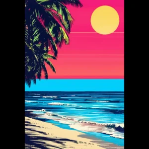 Sunset Horizon Wave Tropical Seascape Art Print 1 Tropical Beach Seascape wall art inspired by palm trees, coastal landscapes and open horizons. Printed and shipped within North America.