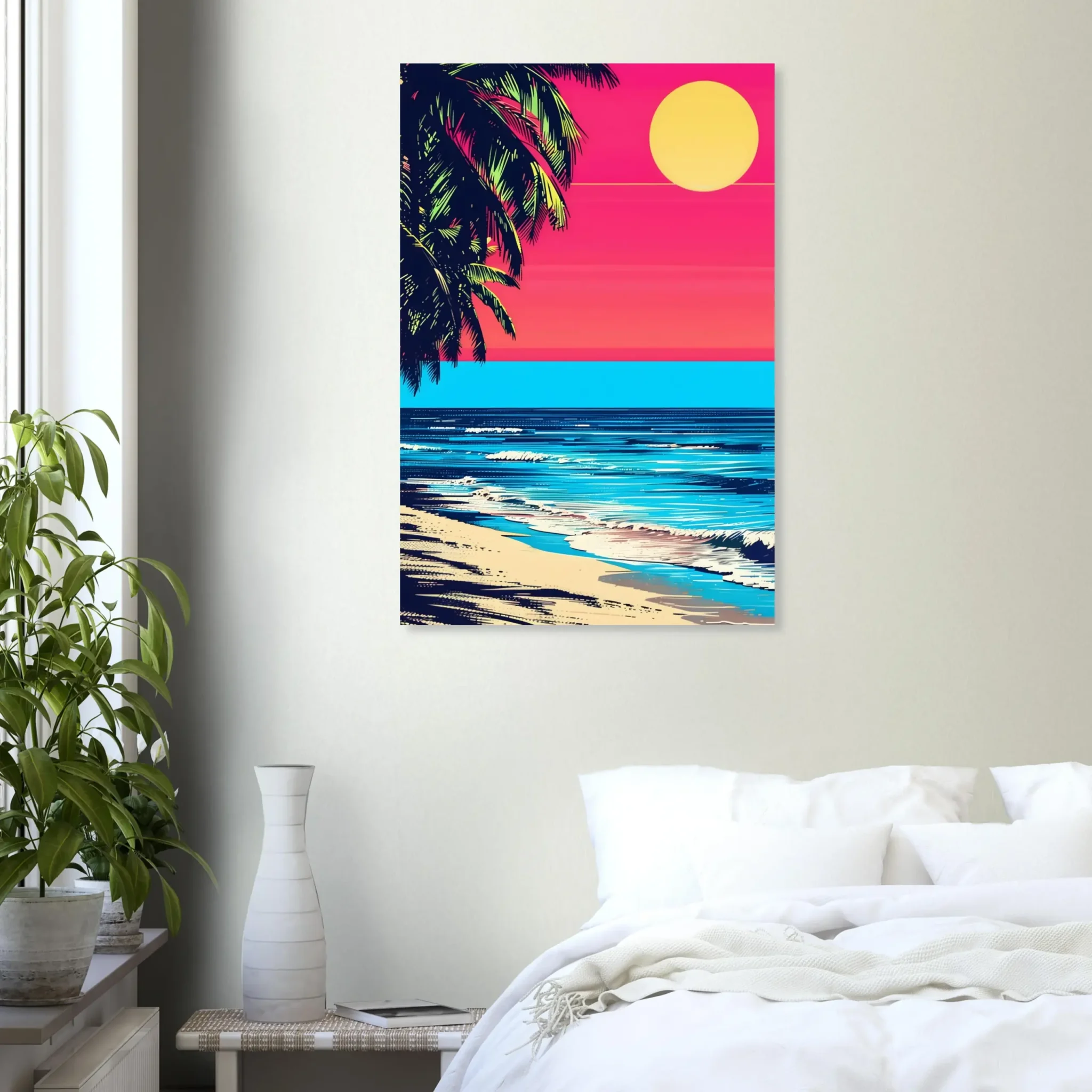 Tropical Beach Seascape wall art inspired by palm trees, coastal landscapes and open horizons. Printed and shipped within North America.