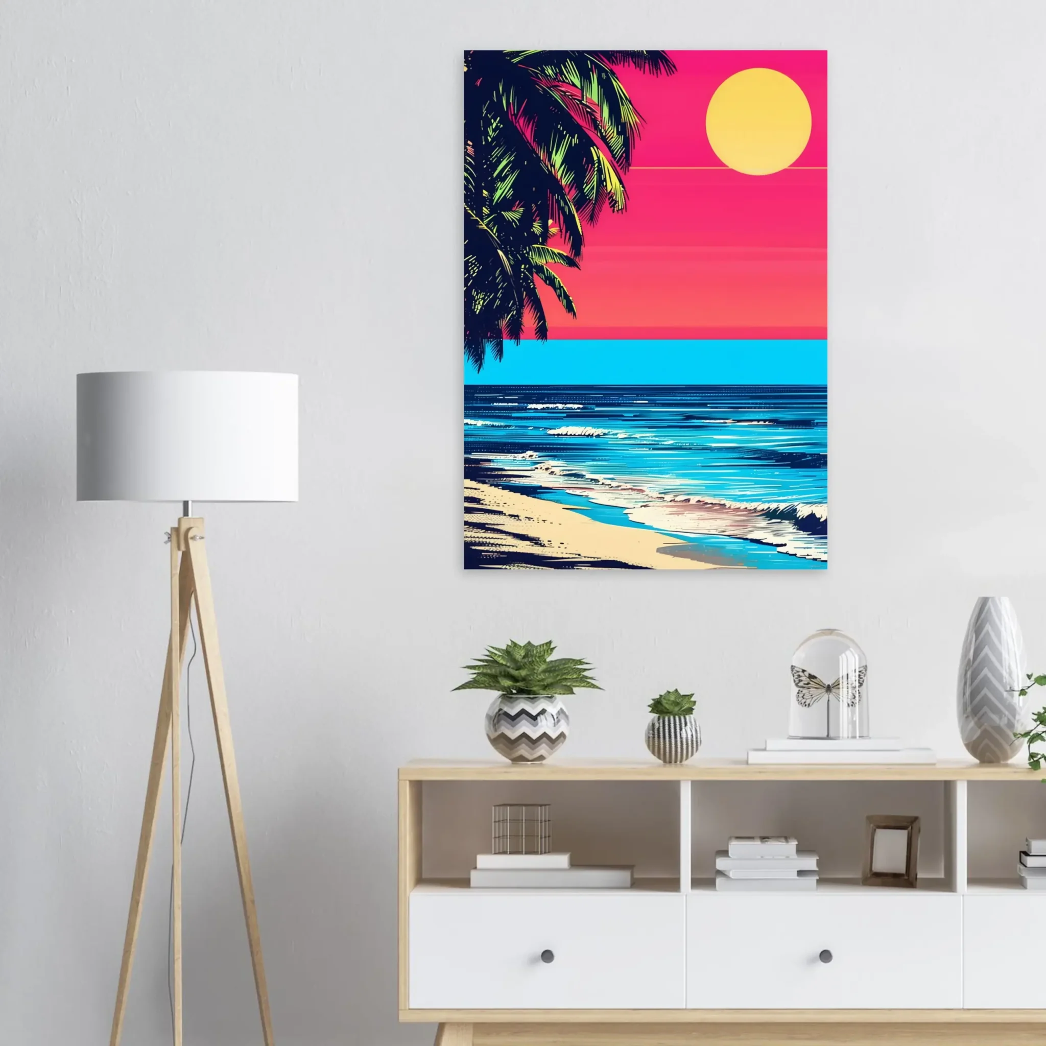 Tropical Beach Seascape wall art inspired by palm trees, coastal landscapes and open horizons. Printed and shipped within North America.