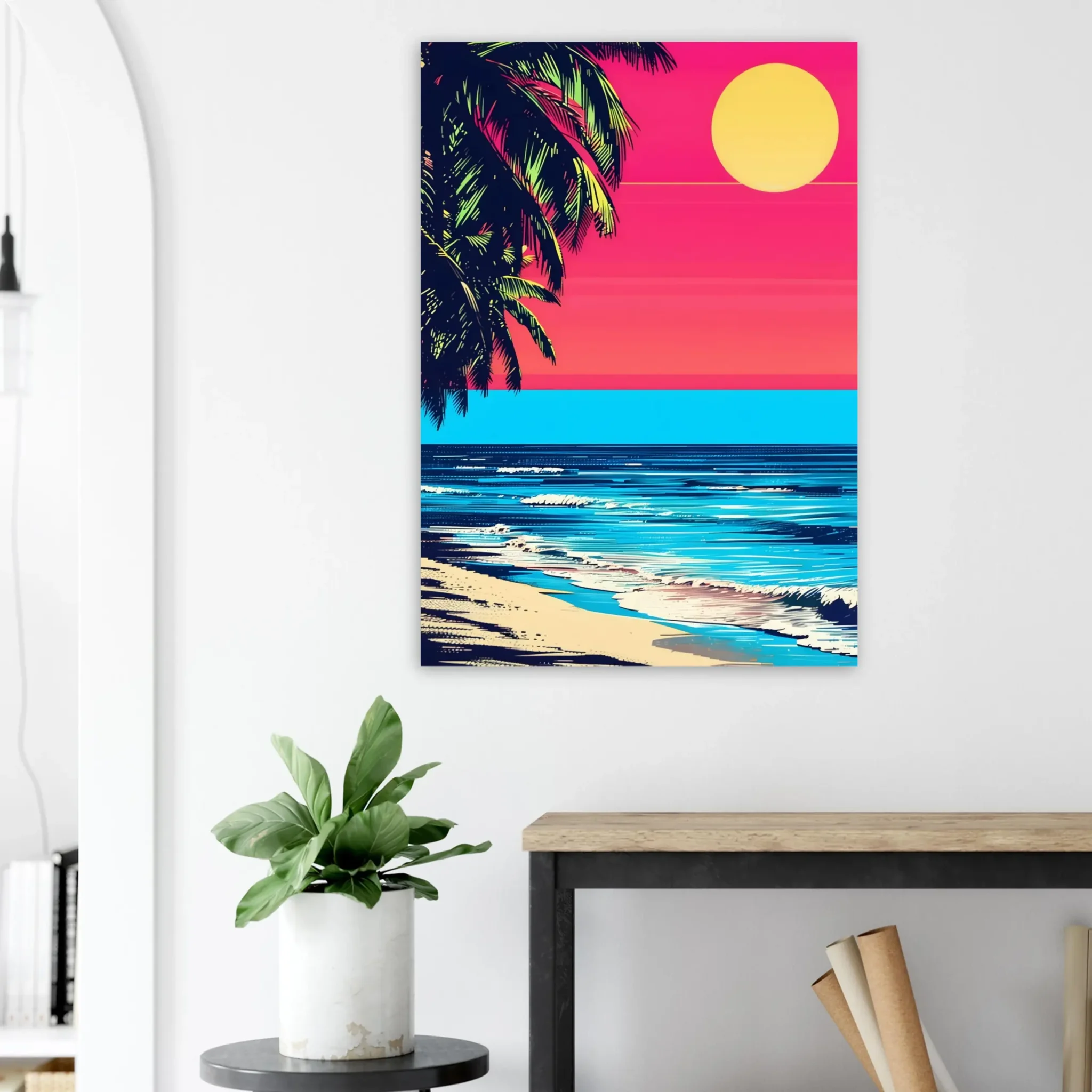 Tropical Beach Seascape wall art inspired by palm trees, coastal landscapes and open horizons. Printed and shipped within North America.
