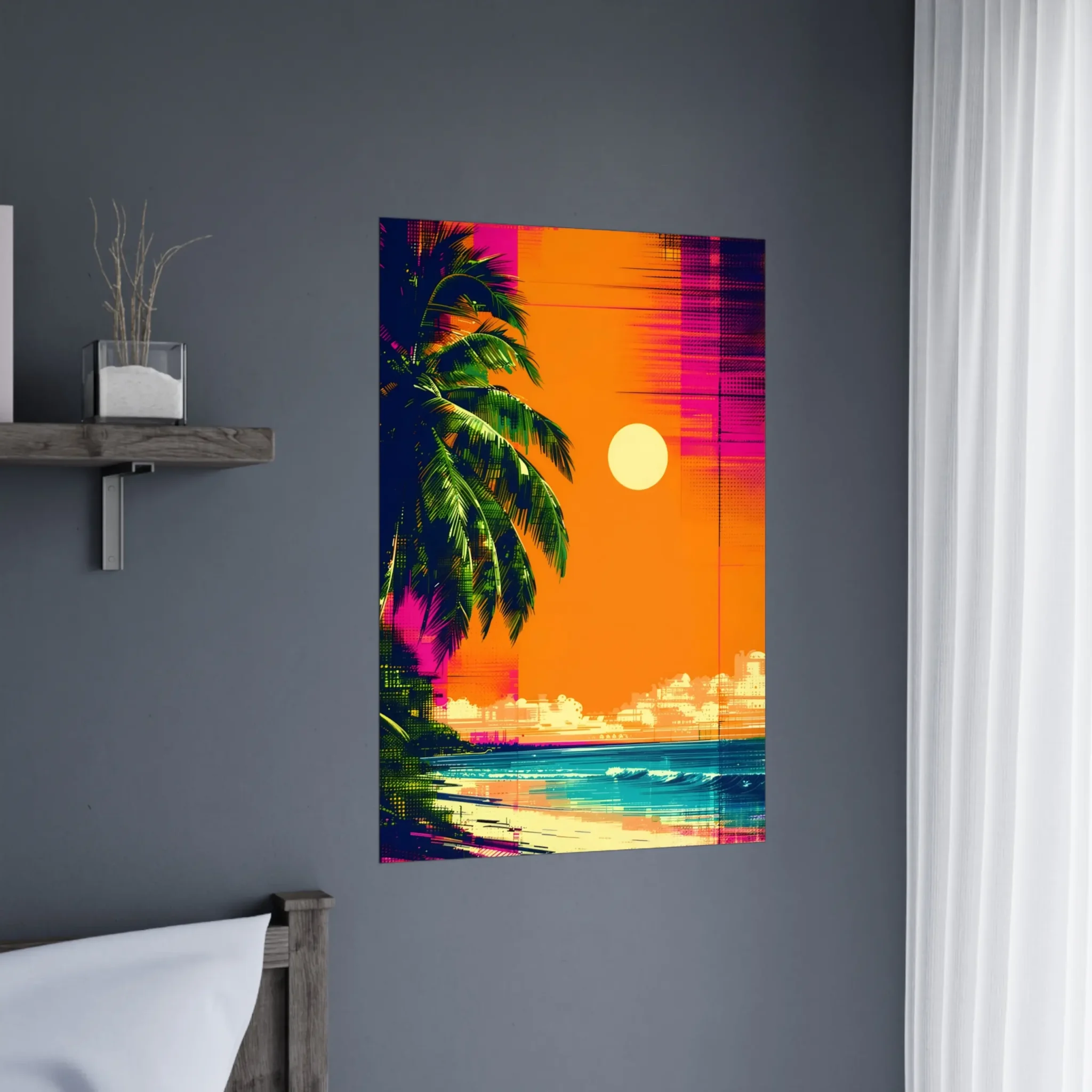 Tropical Beach Seascape wall art inspired by palm trees, coastal landscapes and open horizons. Printed and shipped within North America.