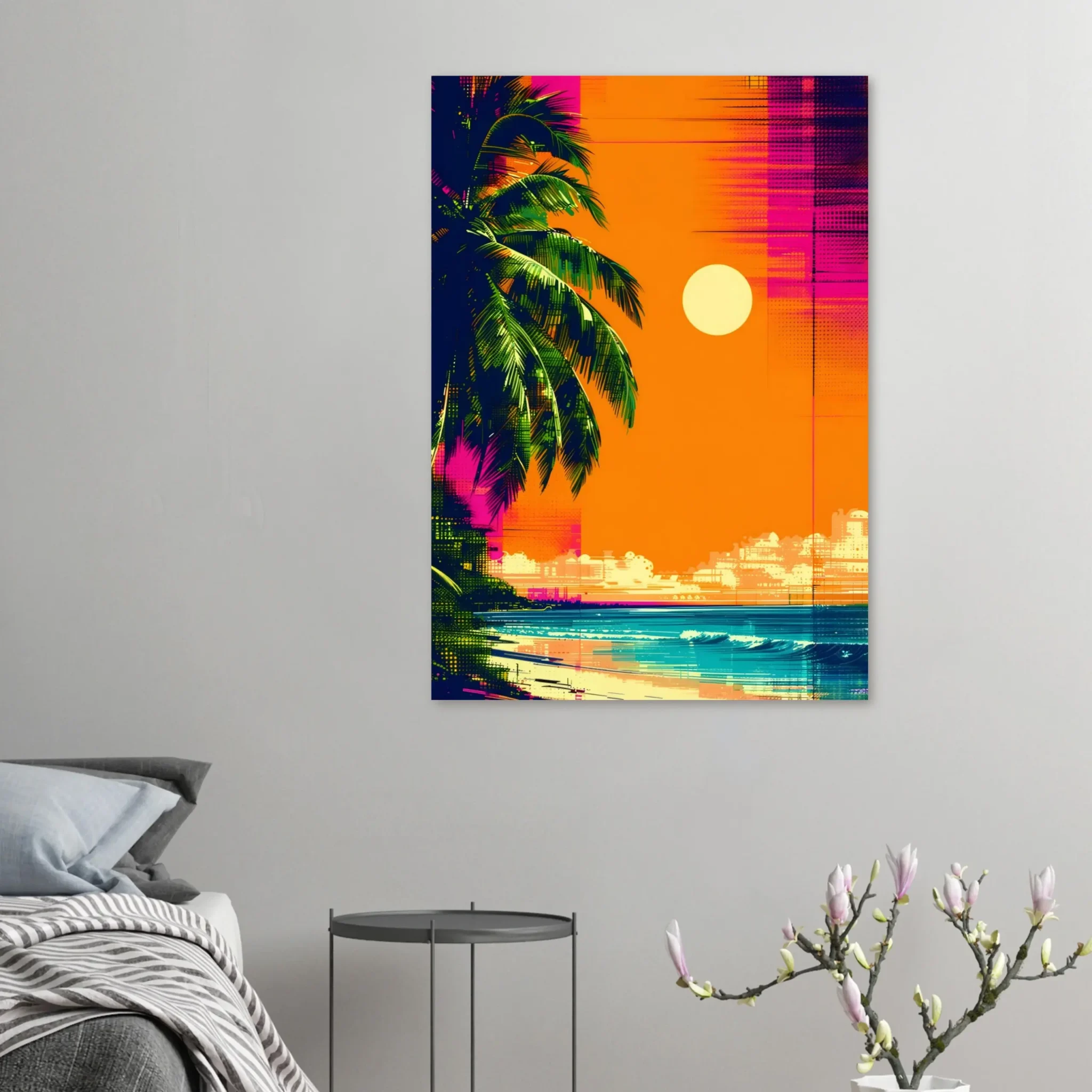 Tropical Beach Seascape wall art inspired by palm trees, coastal landscapes and open horizons. Printed and shipped within North America.