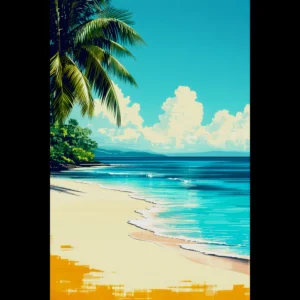 Tropical Beach Seascape wall art inspired by palm trees, coastal landscapes and open horizons. Fine Art Print, printed and shipped within North America.