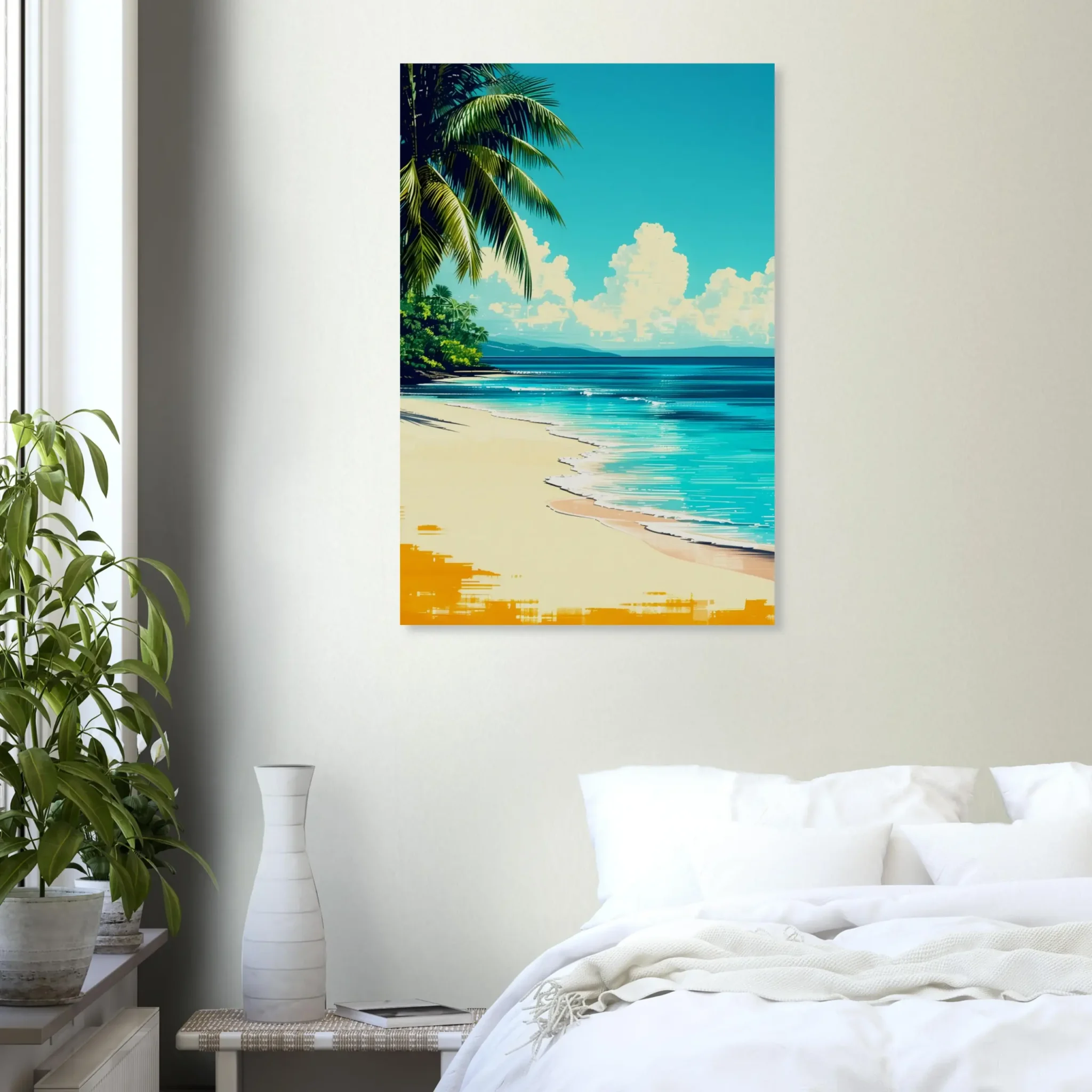 Tropical Beach Seascape wall art inspired by palm trees, coastal landscapes and open horizons. Fine Art Print, printed and shipped within North America.