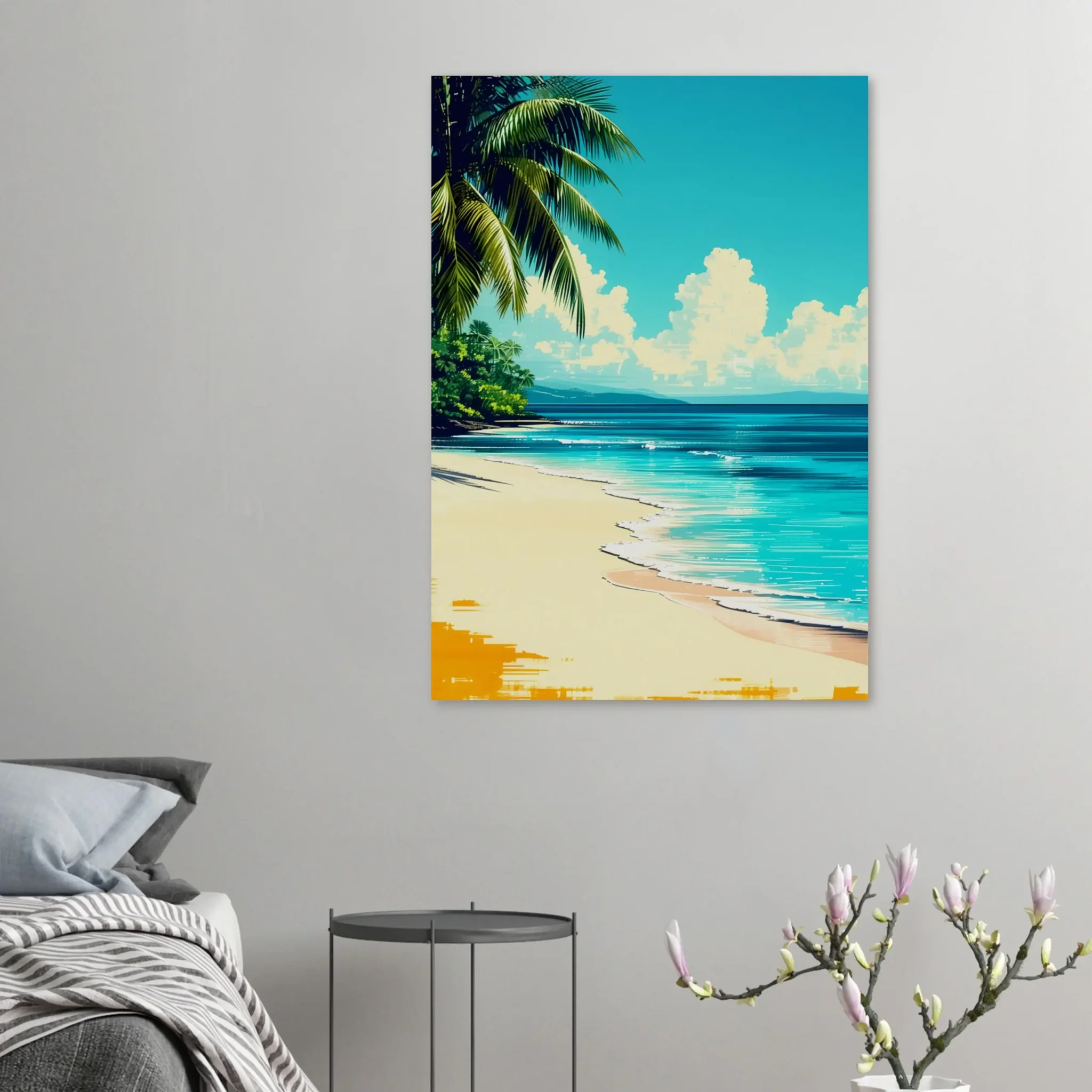Tropical Beach Seascape wall art inspired by palm trees, coastal landscapes and open horizons. Fine Art Print, printed and shipped within North America.