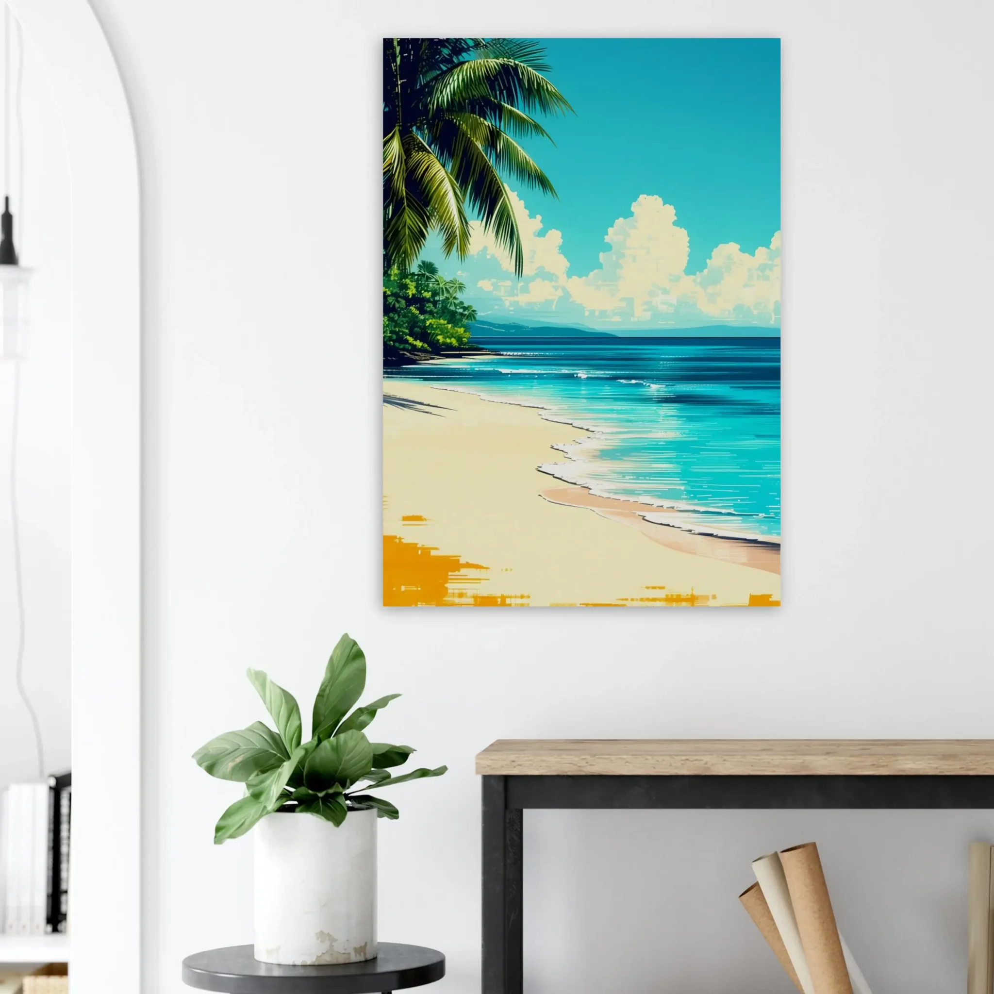 Tropical Beach Seascape wall art inspired by palm trees, coastal landscapes and open horizons. Fine Art Print, printed and shipped within North America.