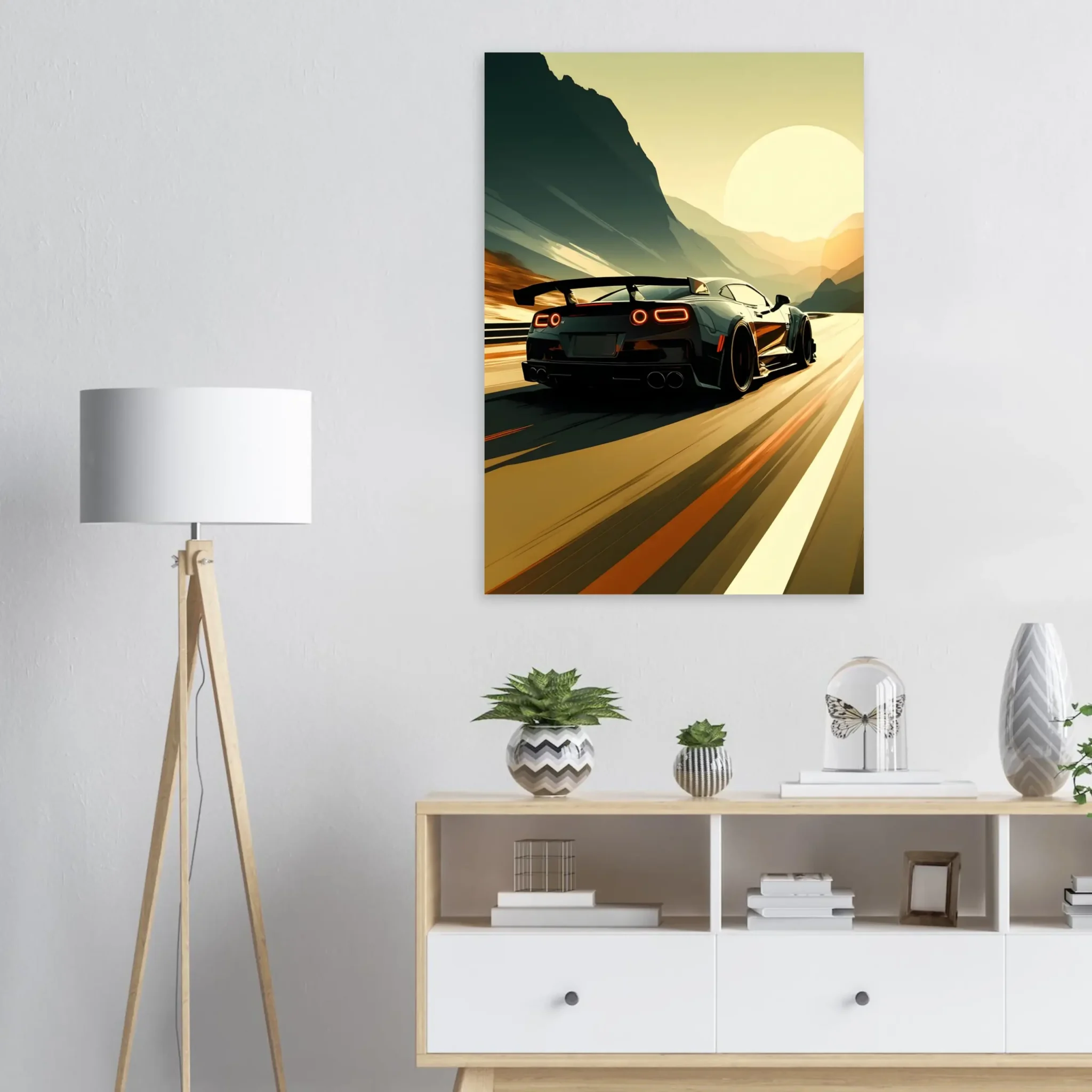Car Art Sunset Landscape wall art that explores the visual relationship between the car, the road, and the horizon. Fine Art Print.