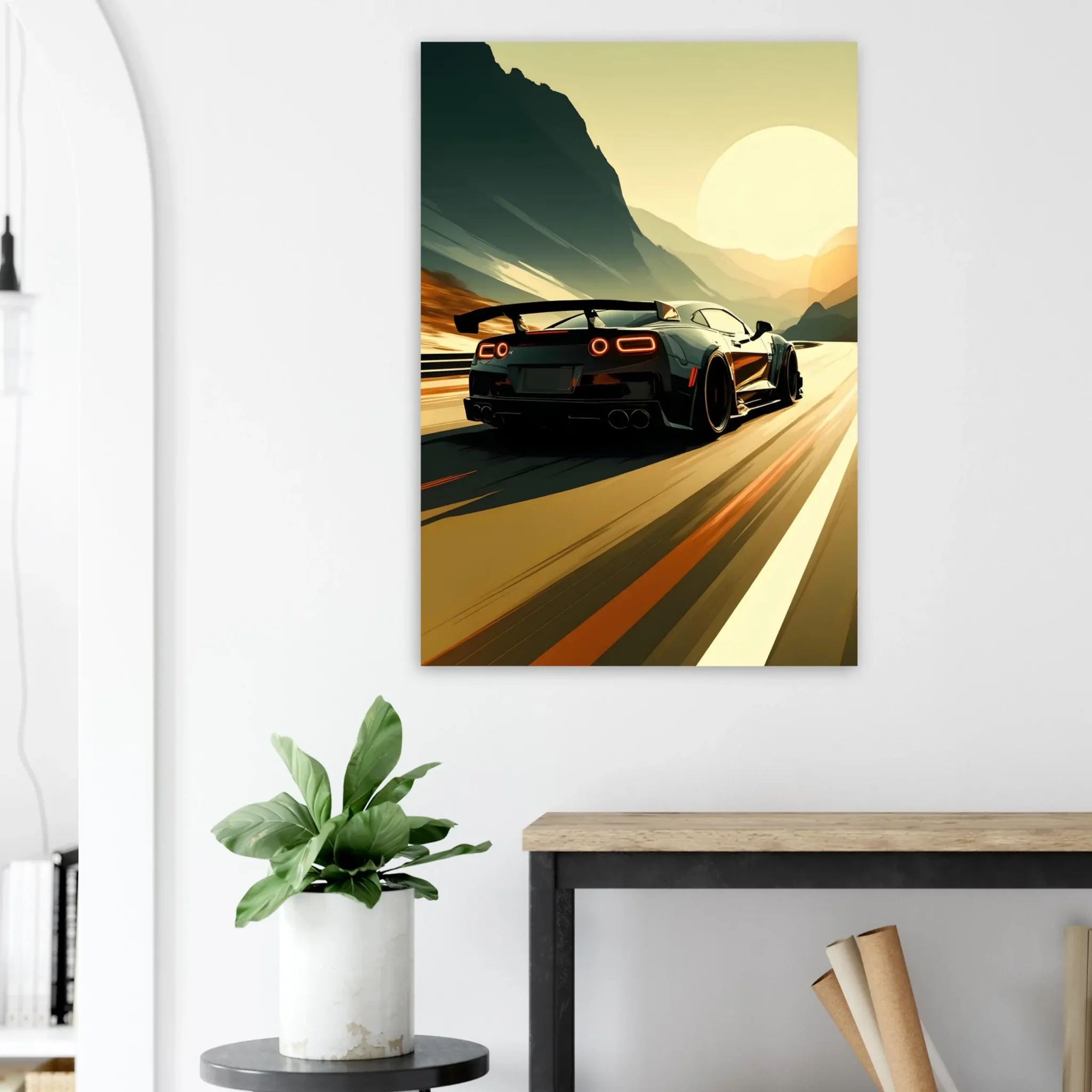 Car Art Sunset Landscape wall art that explores the visual relationship between the car, the road, and the horizon. Fine Art Print.