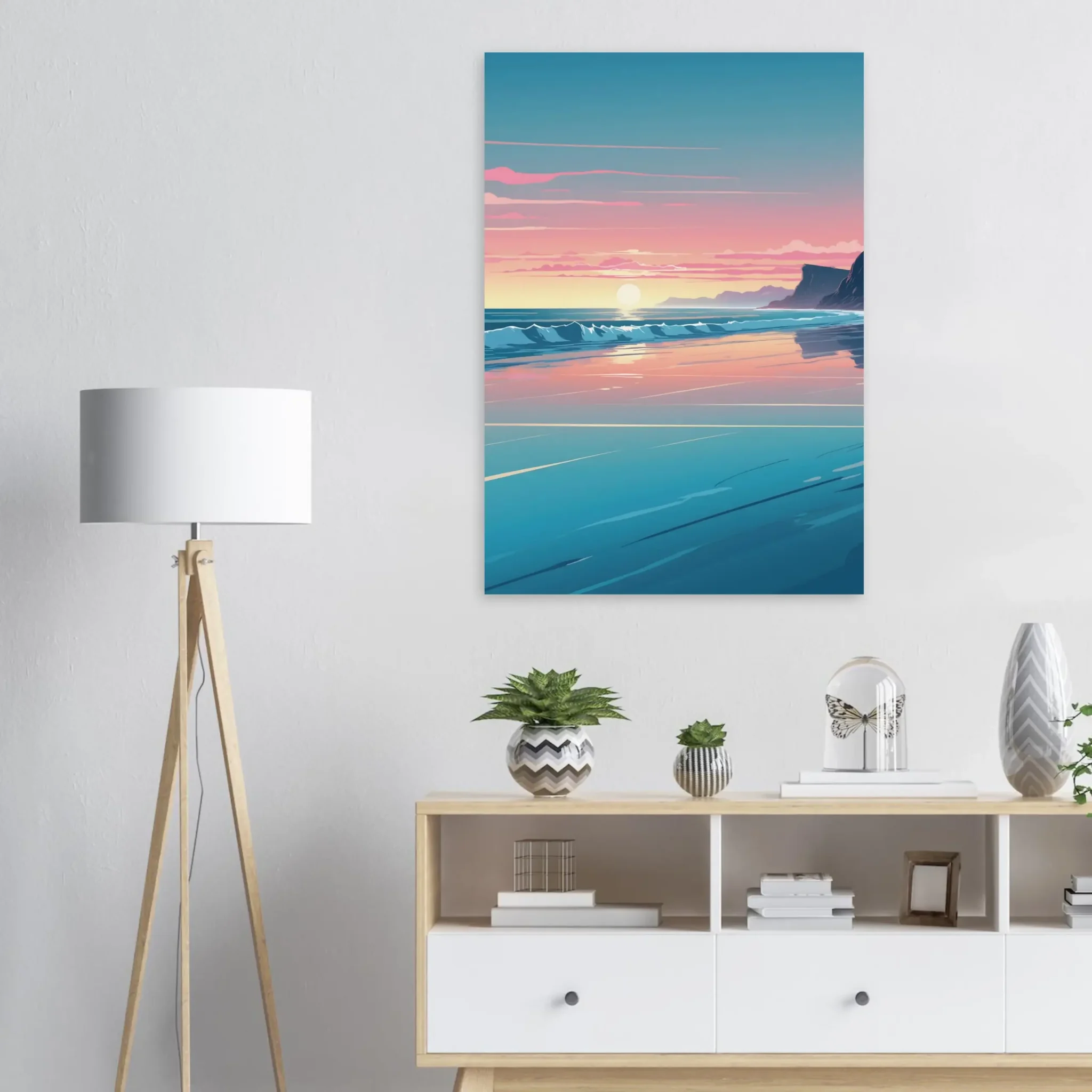 Abstract Coastal Sunset wall art that explores the meeting point between sea, light, and horizon. Art Print, printed and shipped within North America.