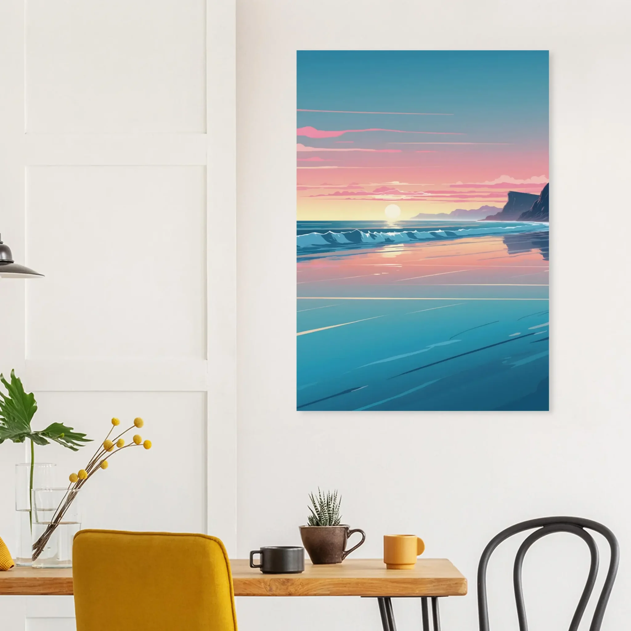 Abstract Coastal Sunset wall art that explores the meeting point between sea, light, and horizon. Art Print, printed and shipped within North America.